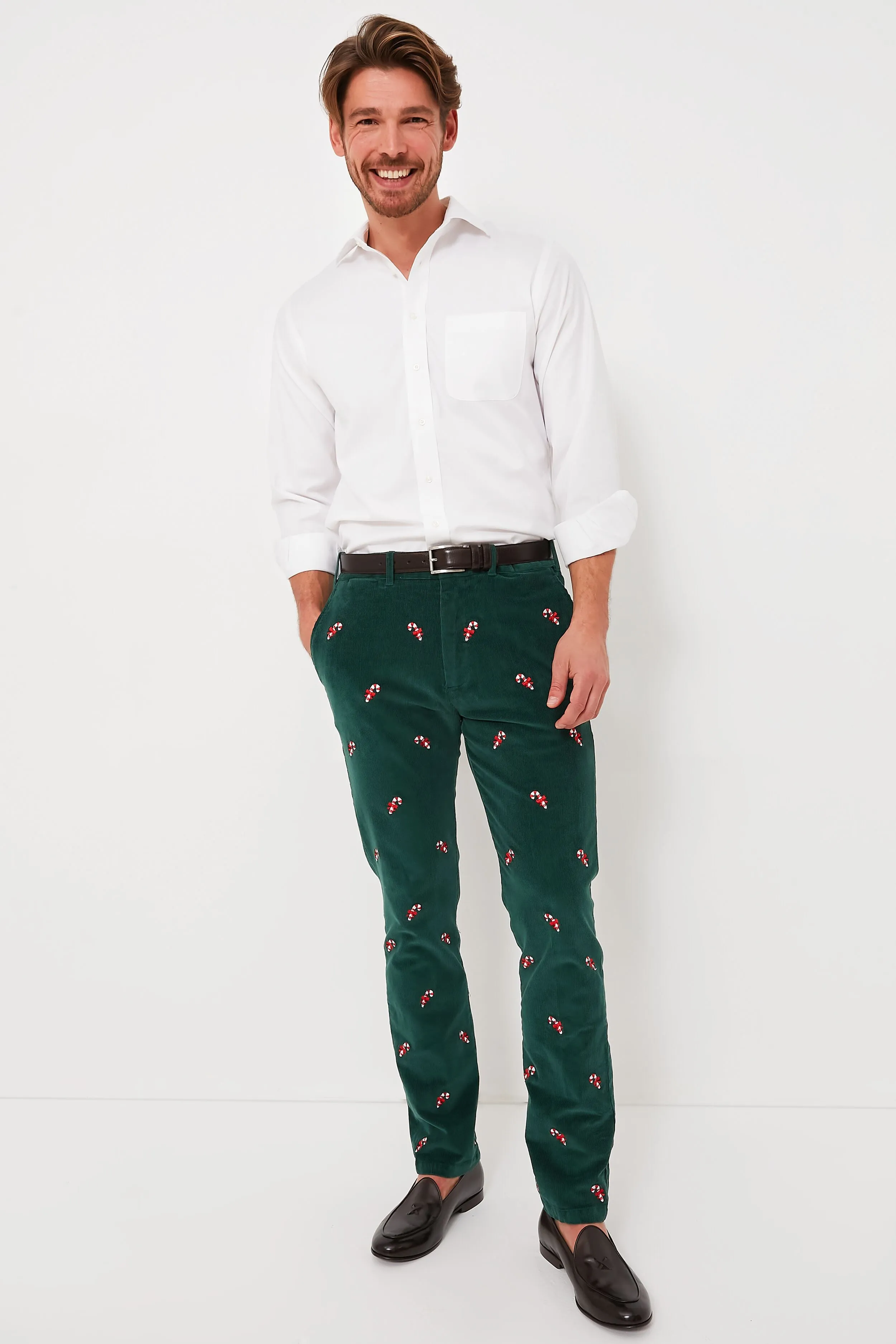 Hunter Green Candy Cane Embroidered Corduroy Pants (34 Inseam)