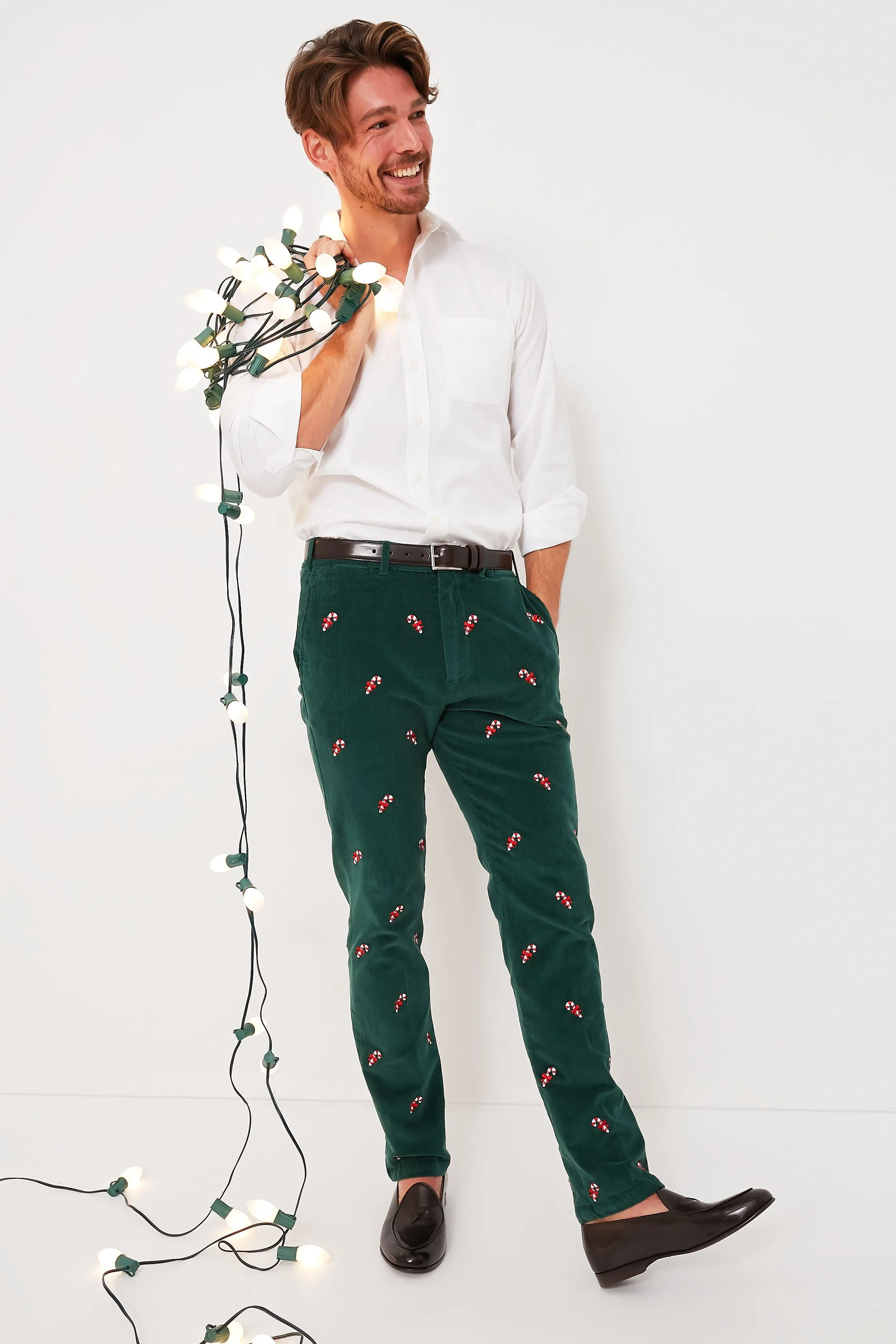 Hunter Green Candy Cane Embroidered Corduroy Pants (34 Inseam)