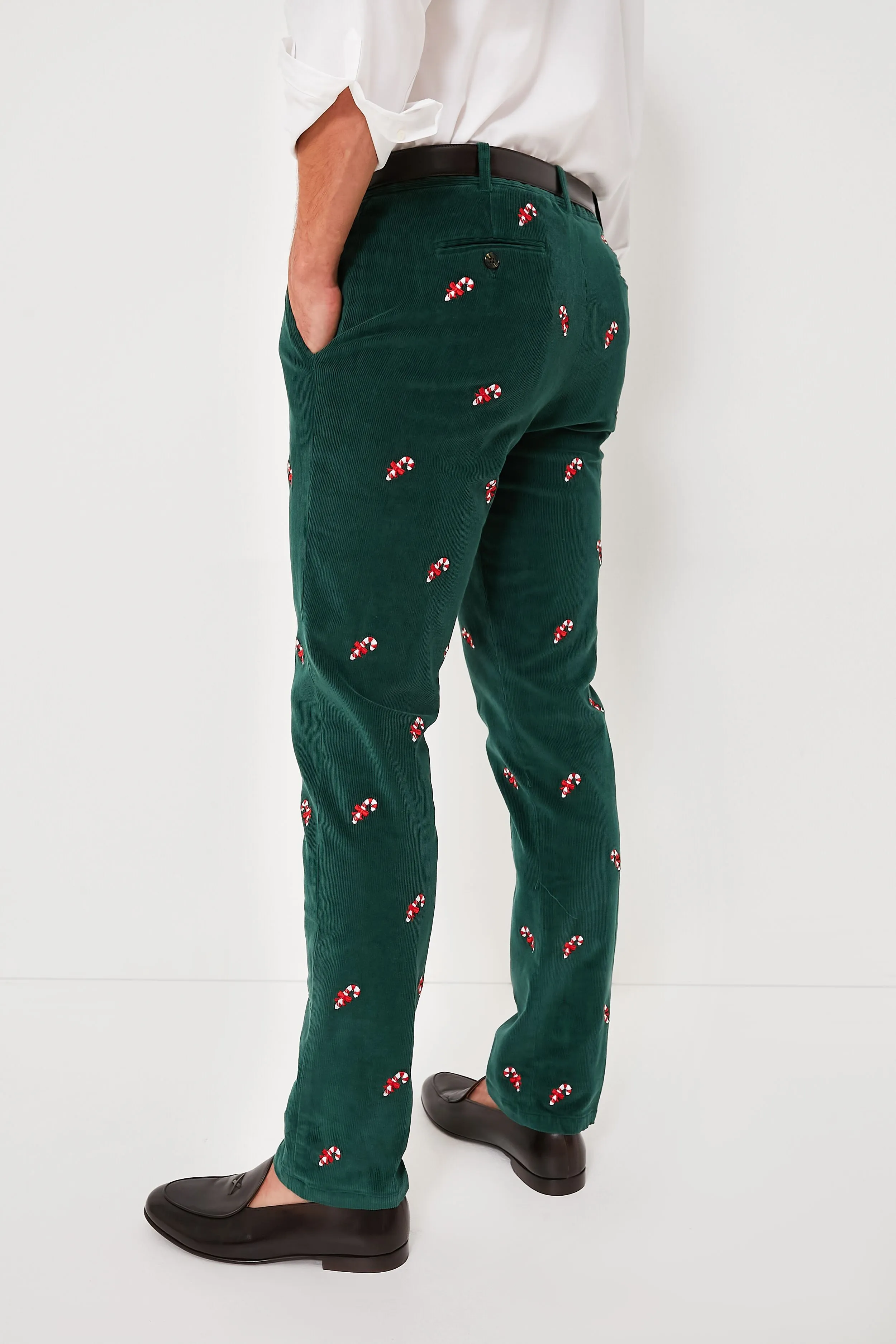 Hunter Green Candy Cane Embroidered Corduroy Pants (34 Inseam)