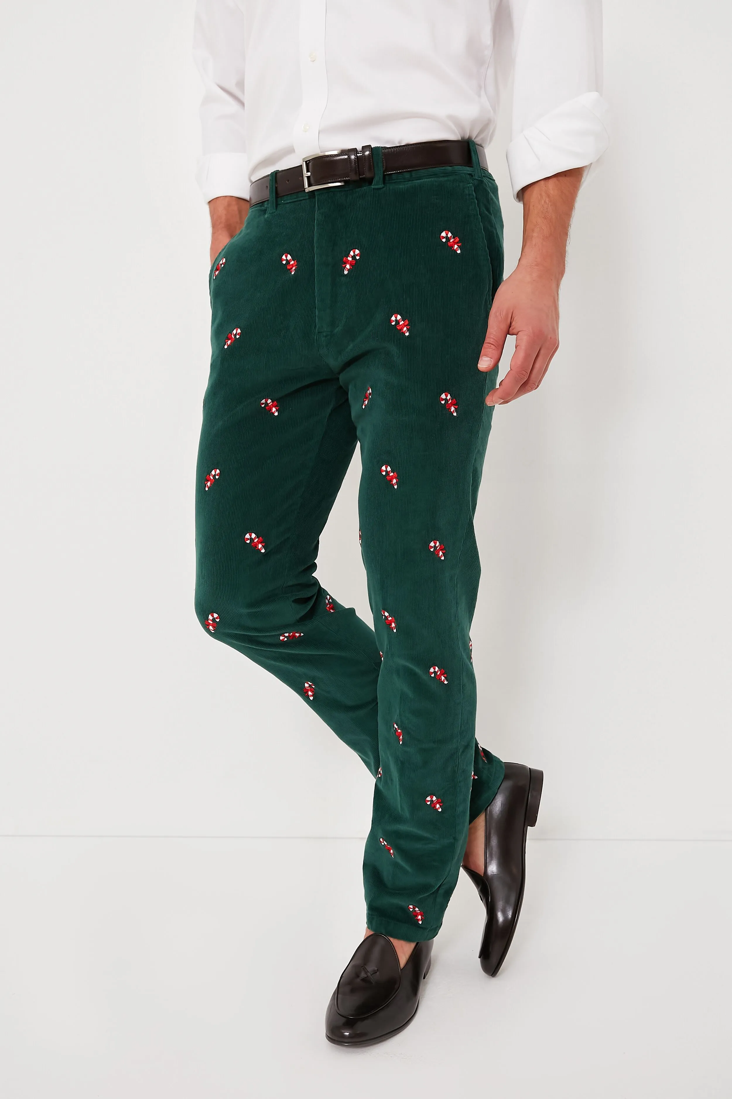 Hunter Green Candy Cane Embroidered Corduroy Pants (34 Inseam)