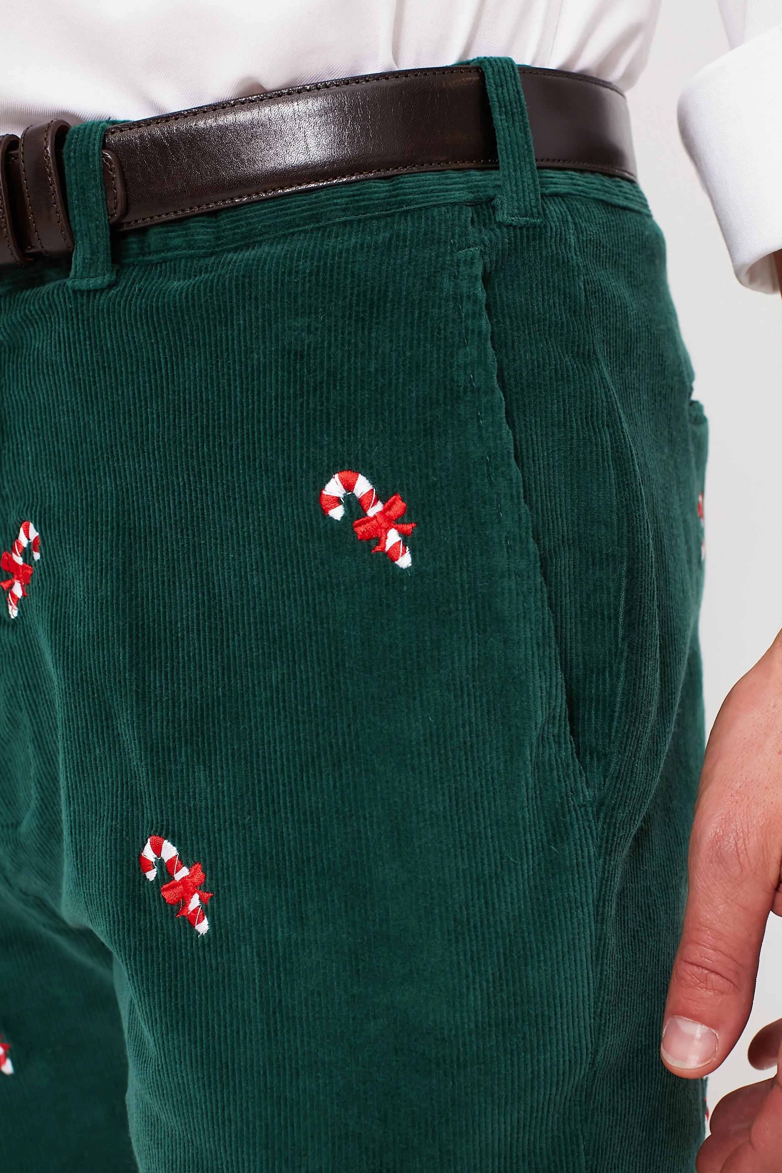 Hunter Green Candy Cane Embroidered Corduroy Pants (34 Inseam)