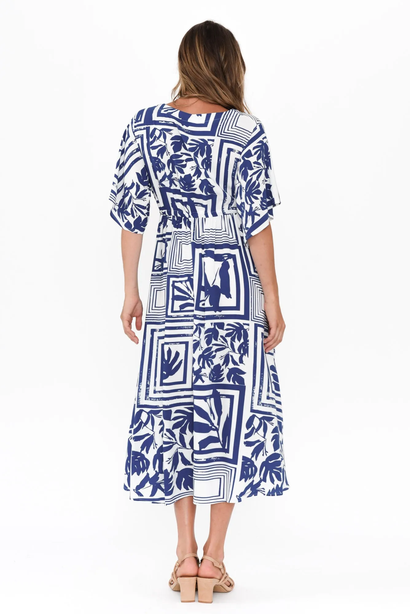 Jennifer Blue Tile Flutter Sleeve Dress