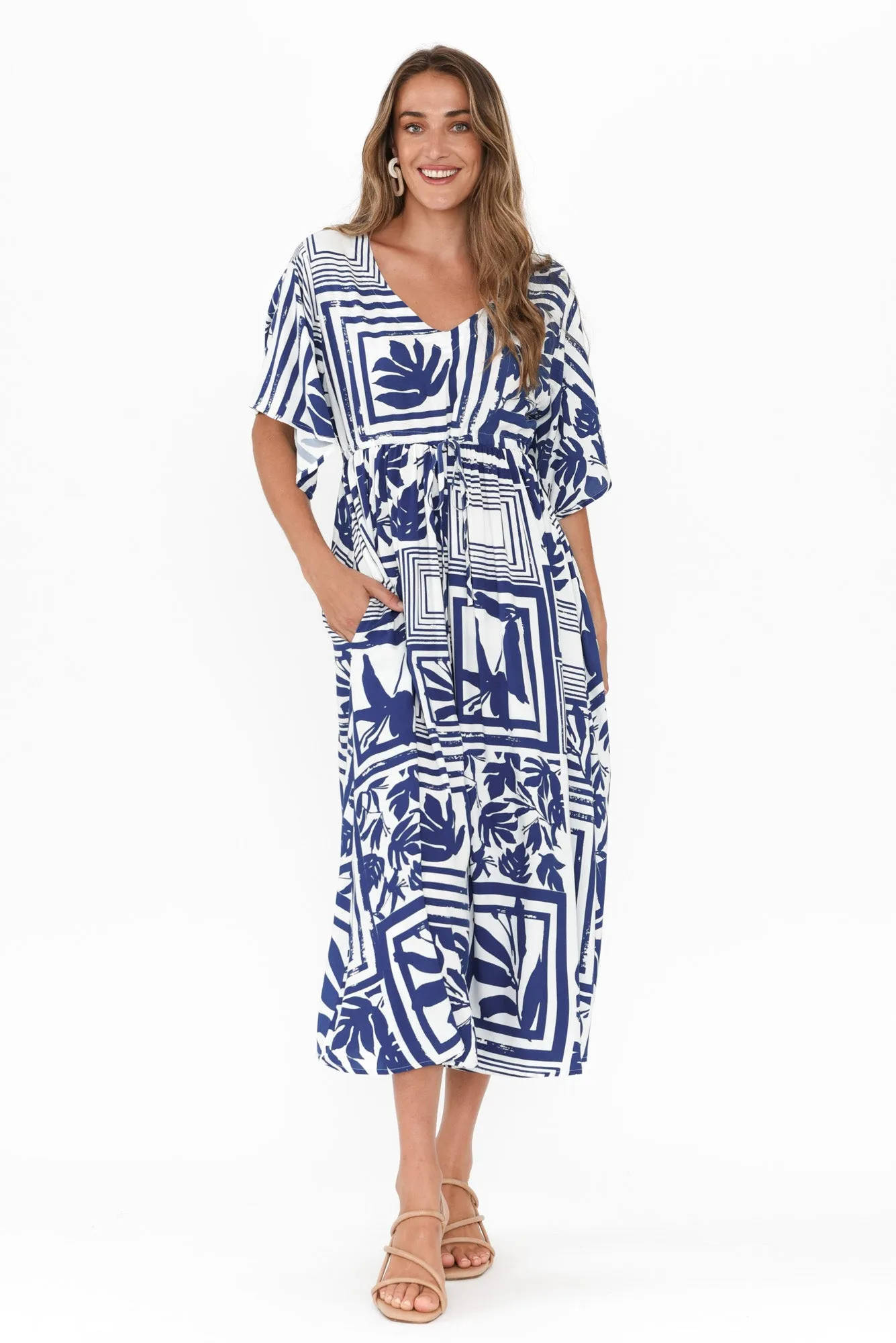 Jennifer Blue Tile Flutter Sleeve Dress