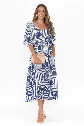 Jennifer Blue Tile Flutter Sleeve Dress