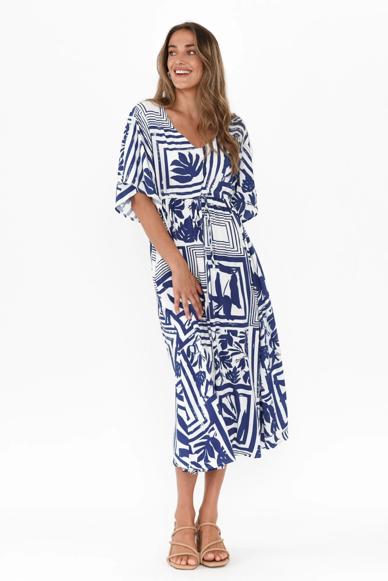 Jennifer Blue Tile Flutter Sleeve Dress