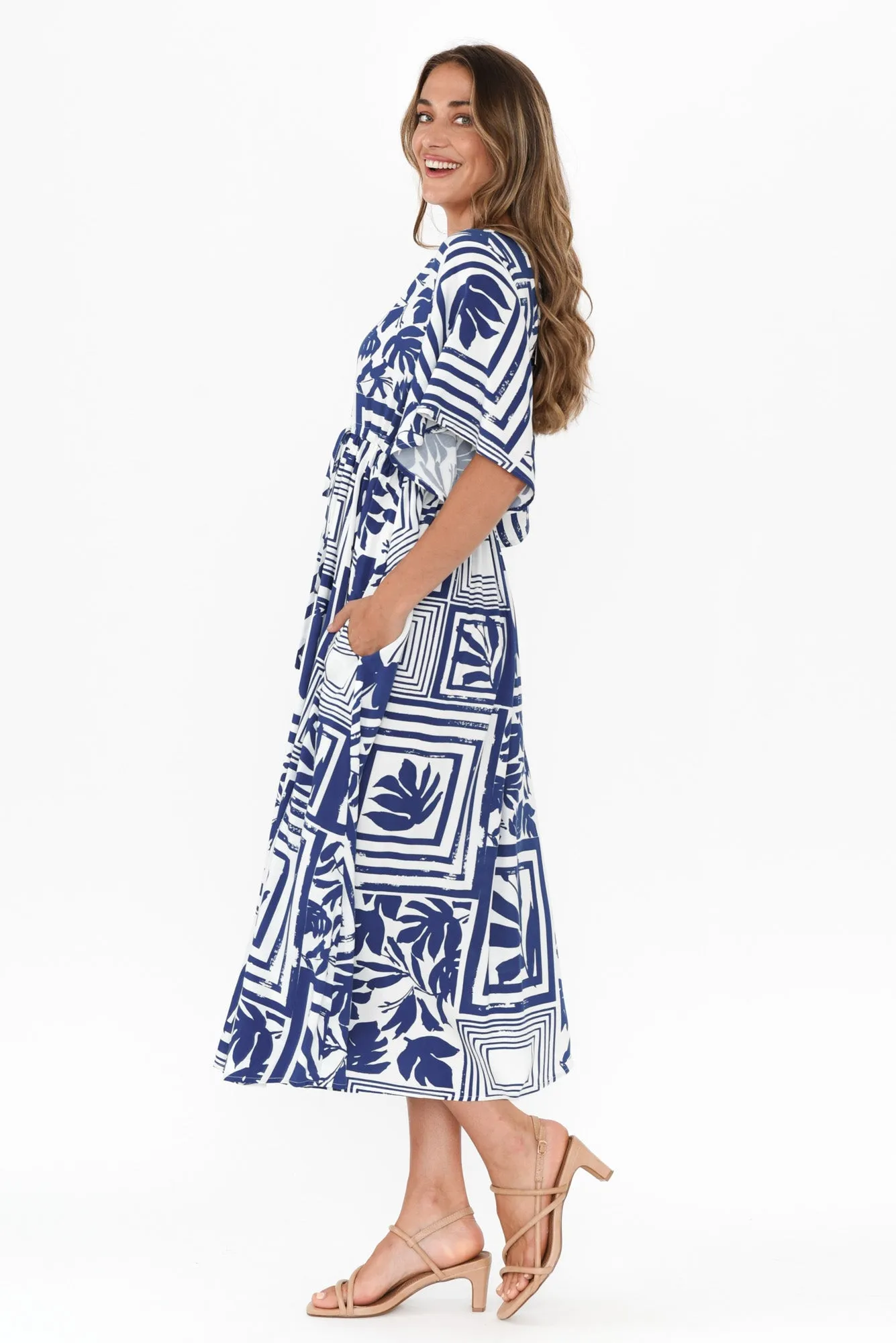 Jennifer Blue Tile Flutter Sleeve Dress