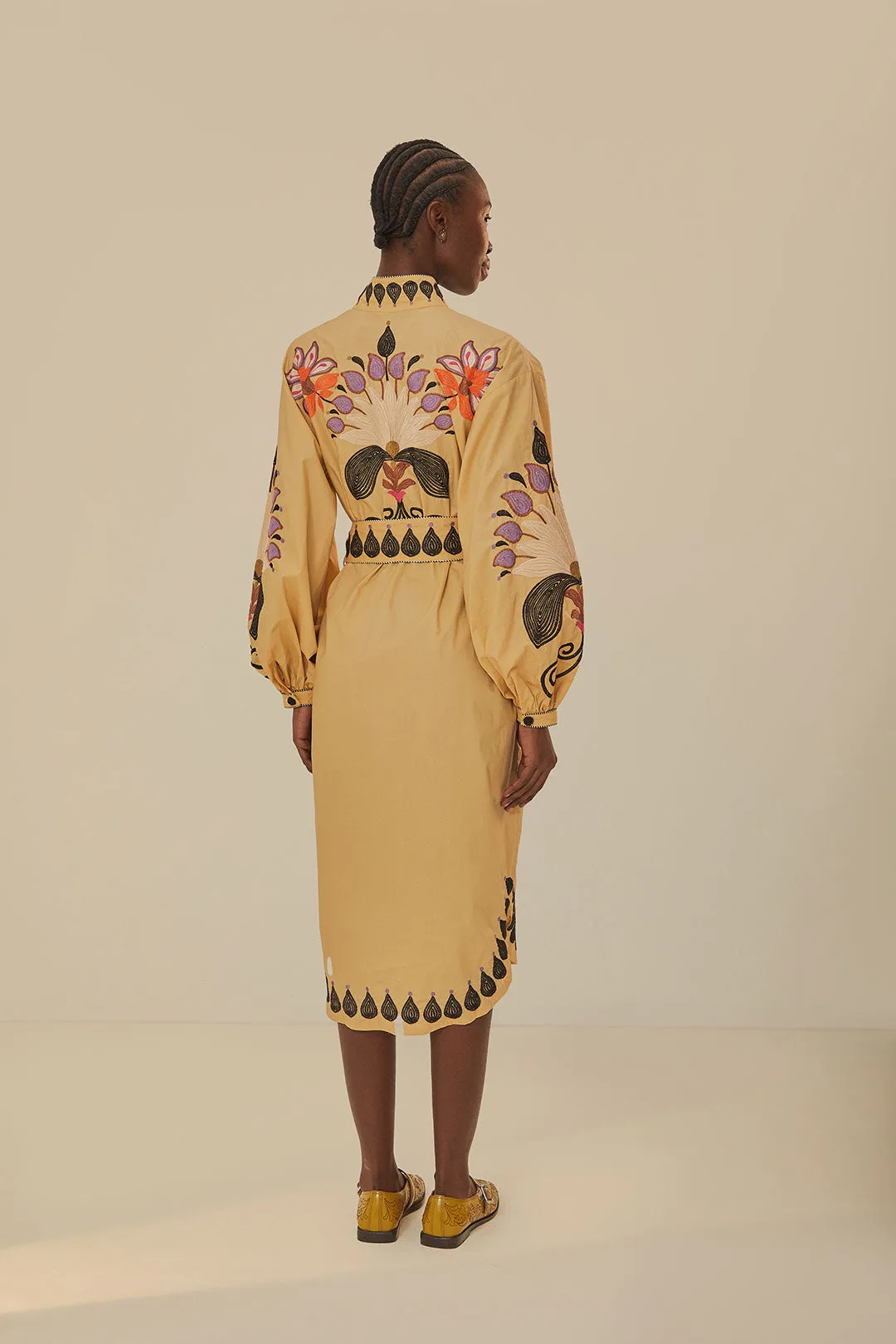 Khaki Flower Bird Embroidered Midi Dress