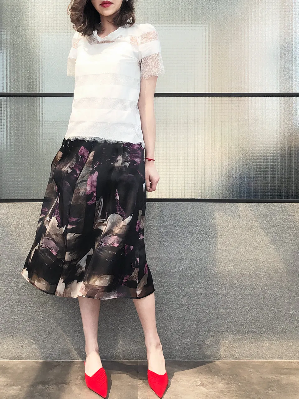 Last Chance! Pretty Floral Painted Overlay Pleated Silk Midi Skirt