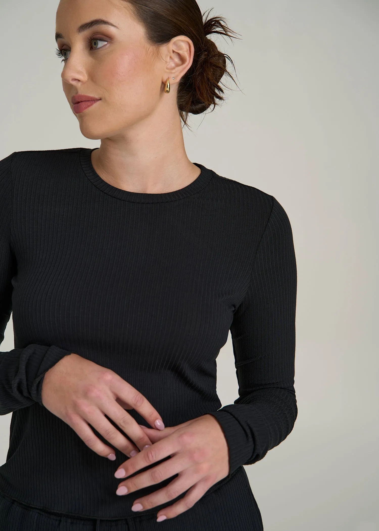 Lightweight Ribbed Cropped Lounge Shirt for Tall Women in Black