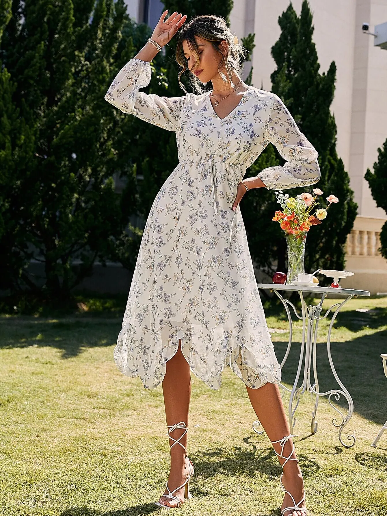 Lillie Long-Sleeved White Floral Midi Dress