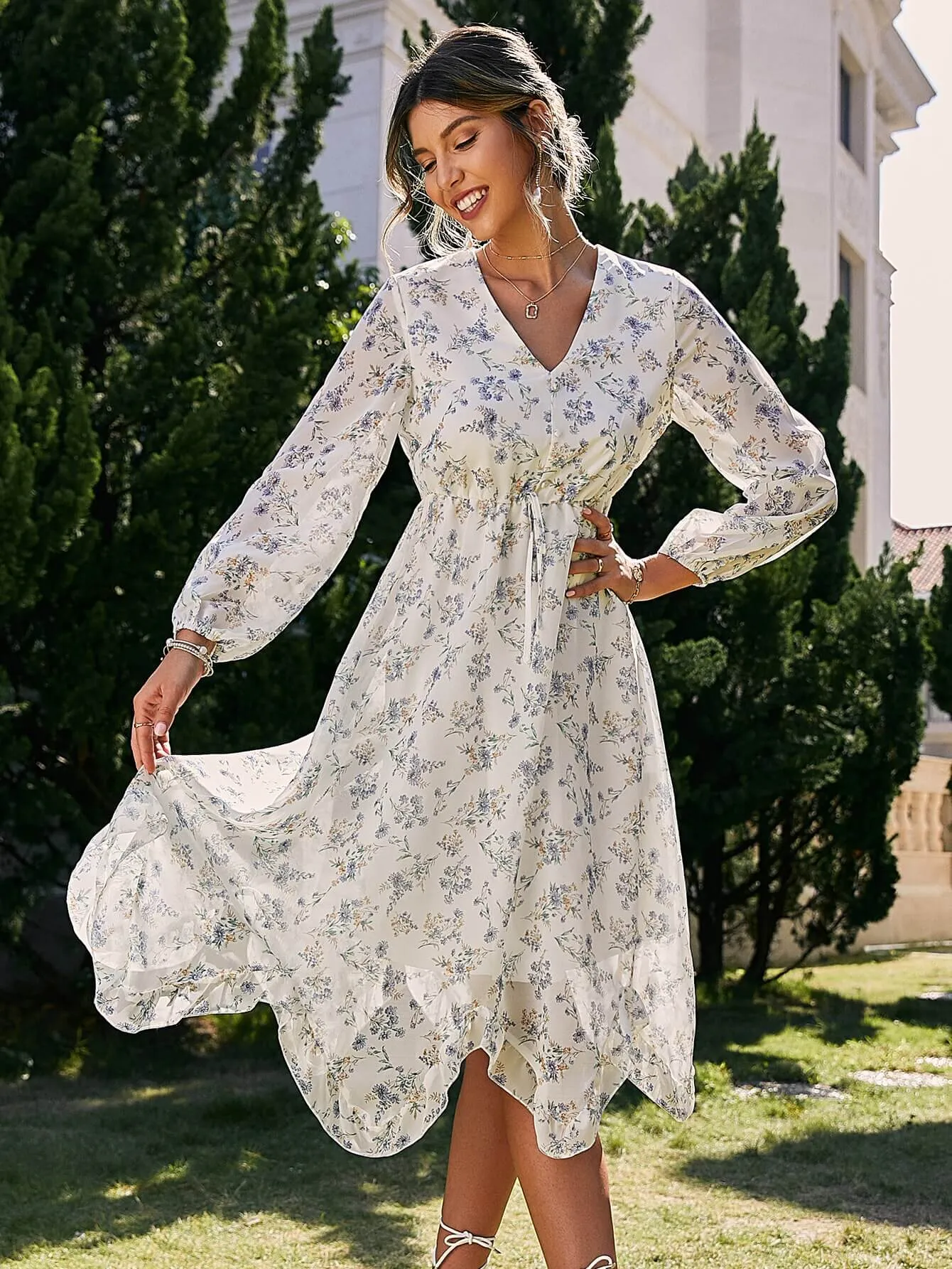 Lillie Long-Sleeved White Floral Midi Dress