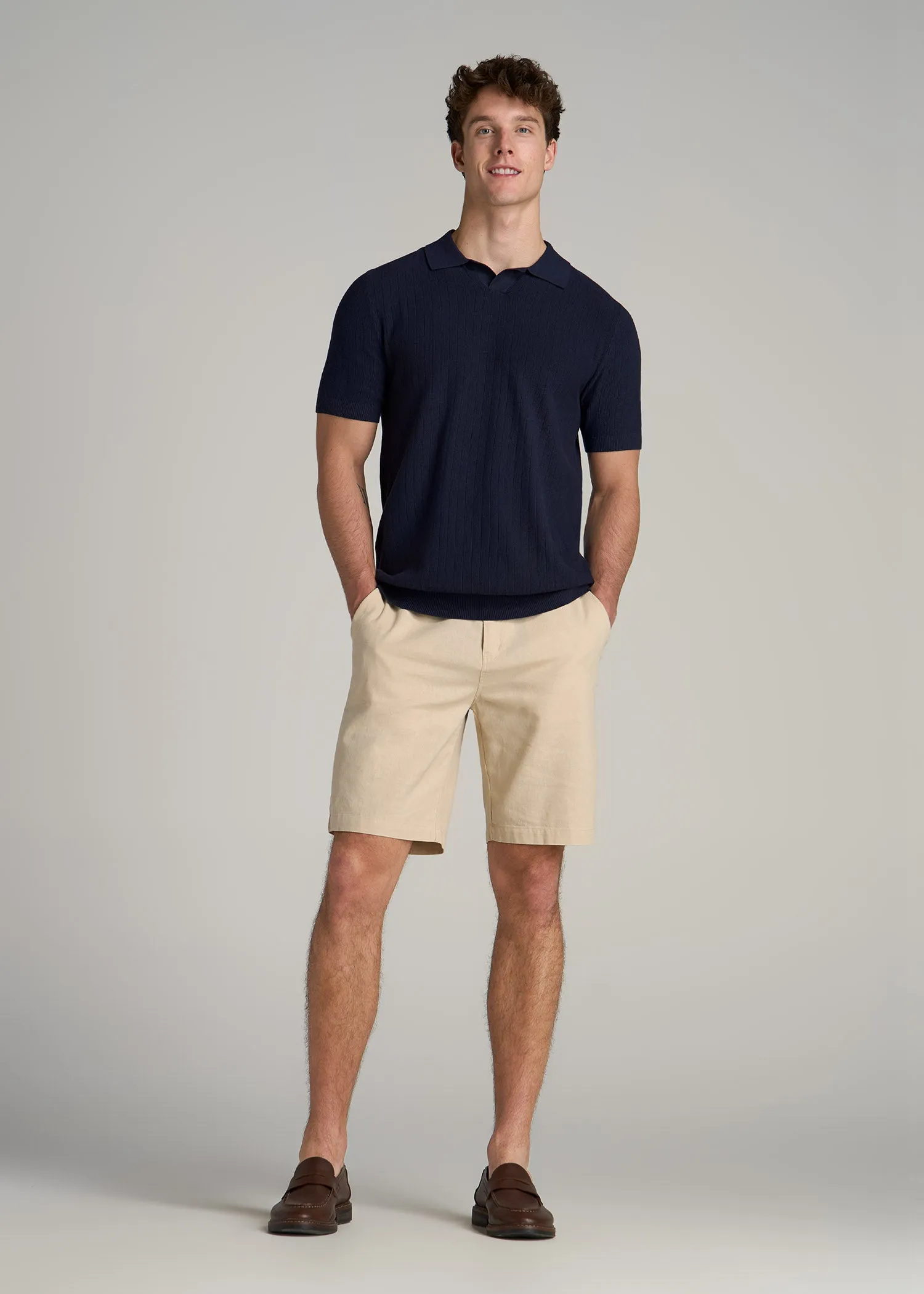 Linen Blend Ribbed Knit Polo Shirt for Tall Men in Evening Blue