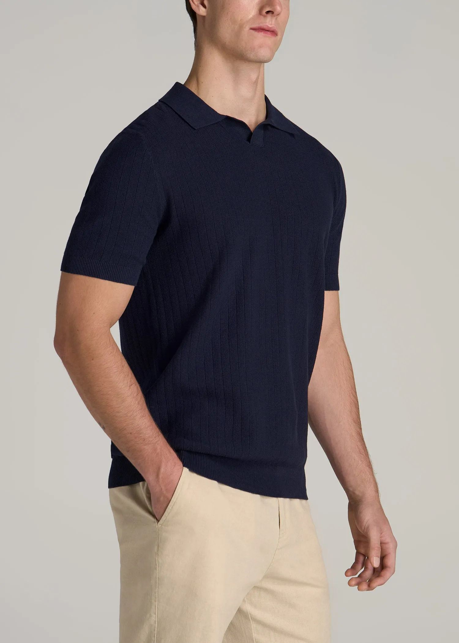 Linen Blend Ribbed Knit Polo Shirt for Tall Men in Evening Blue