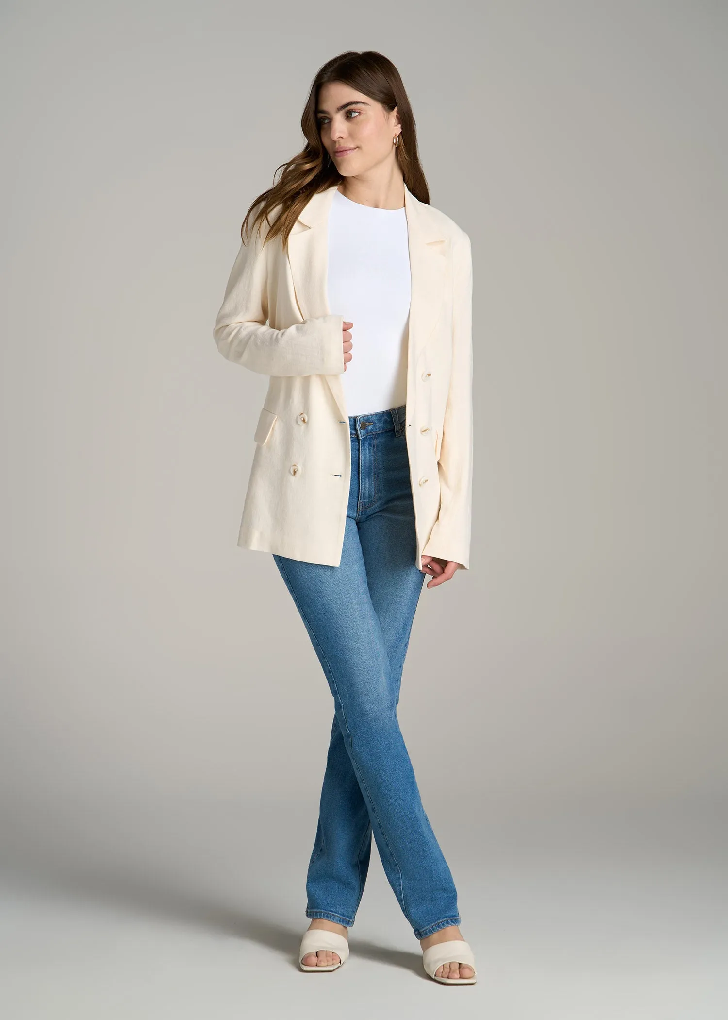 Linen Blend Tie Back Blazer For Tall Women in White Alyssum