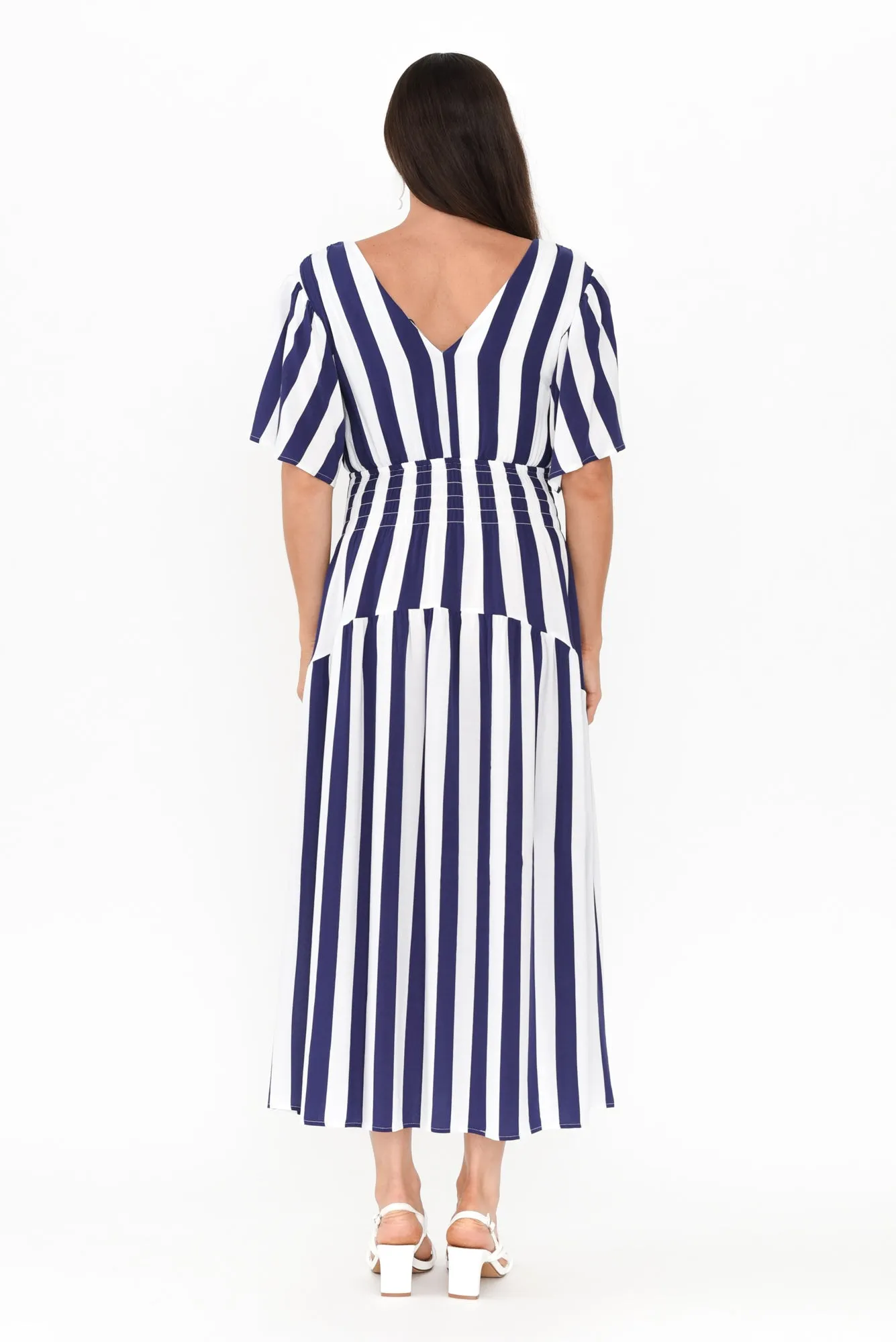 Louisa Blue Stripe Shirred Dress