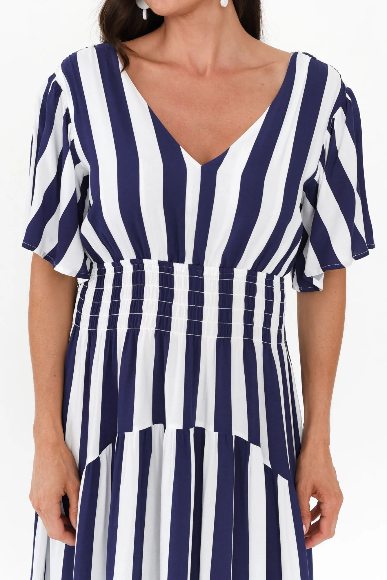 Louisa Blue Stripe Shirred Dress