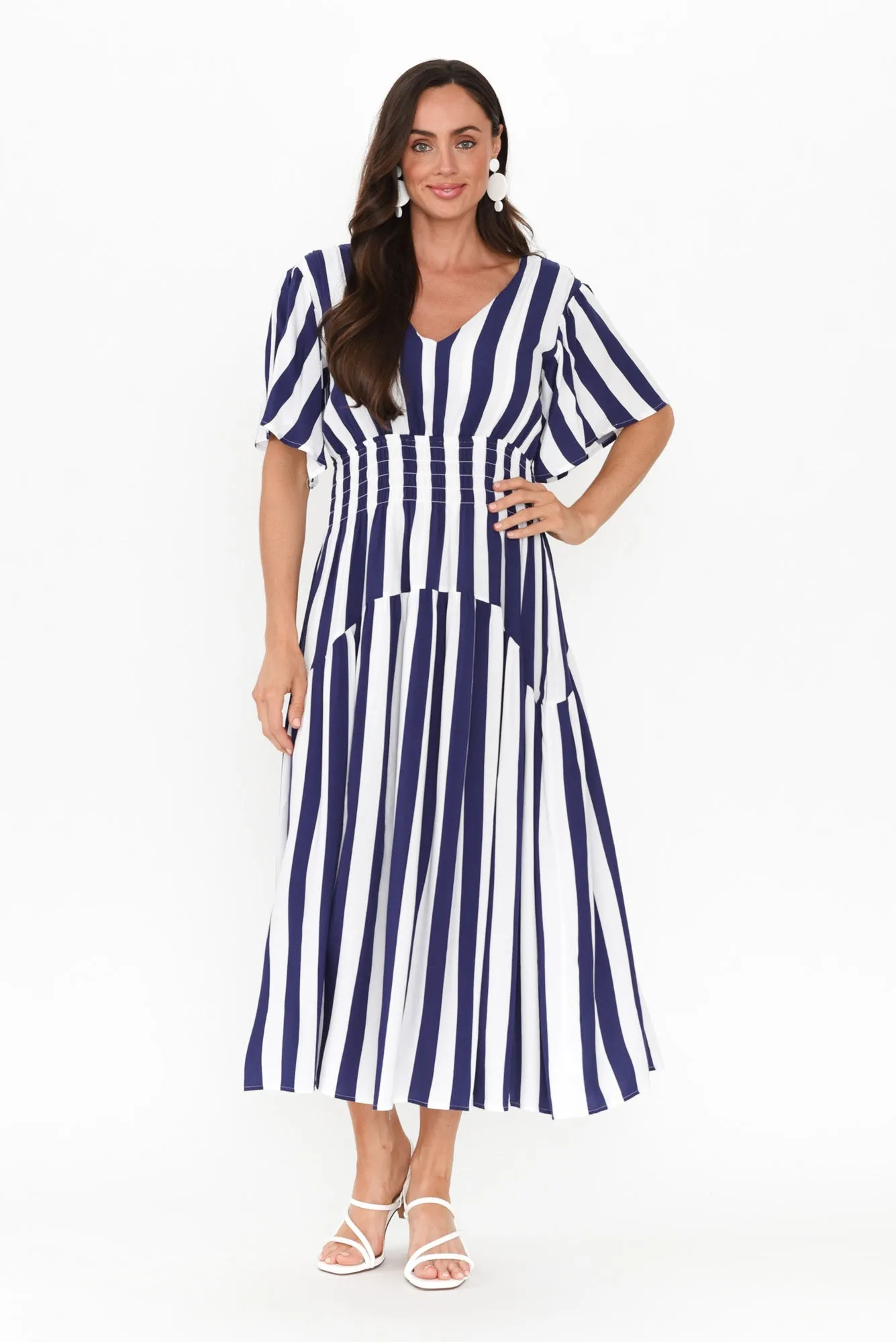 Louisa Blue Stripe Shirred Dress