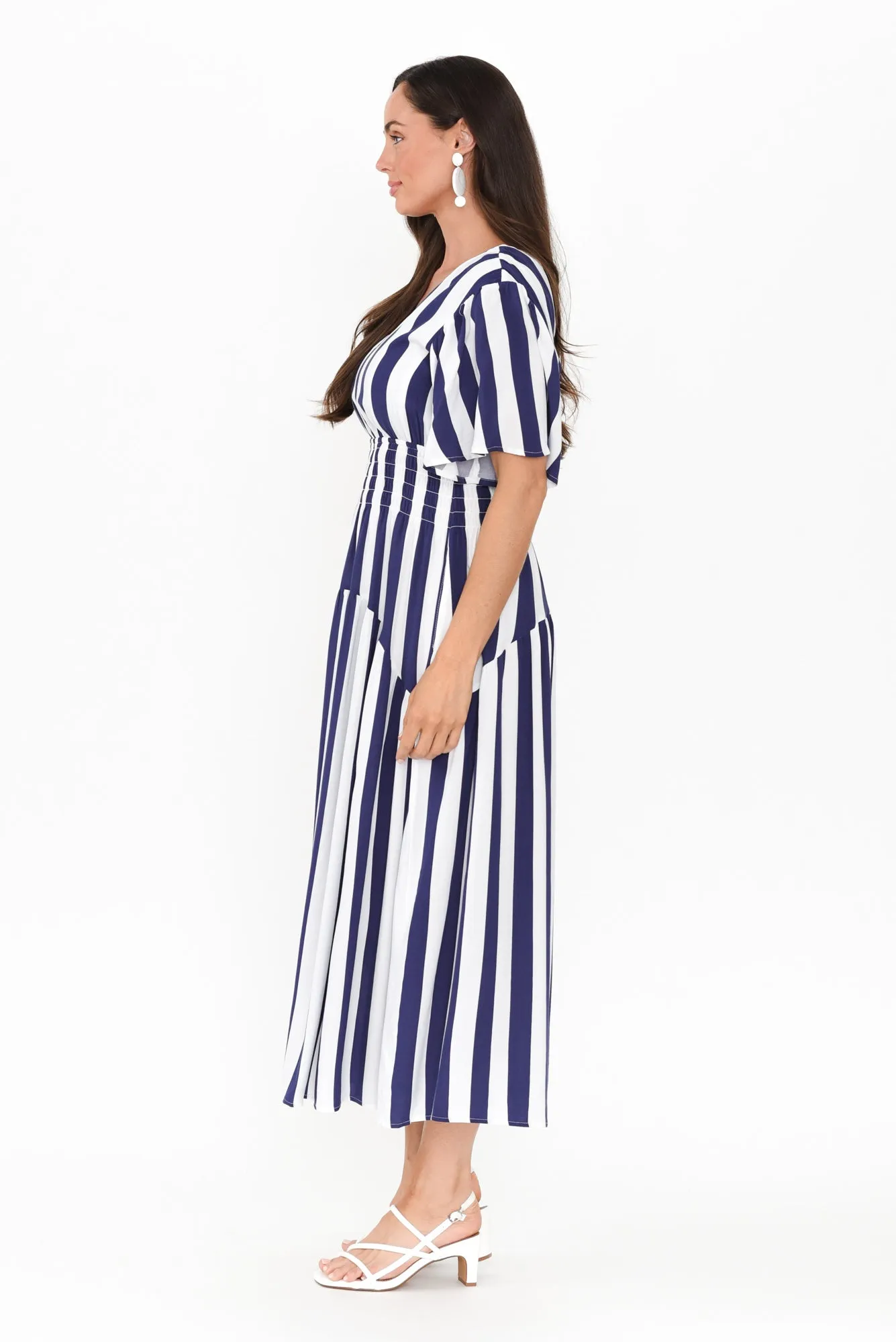 Louisa Blue Stripe Shirred Dress