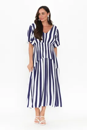 Louisa Blue Stripe Shirred Dress