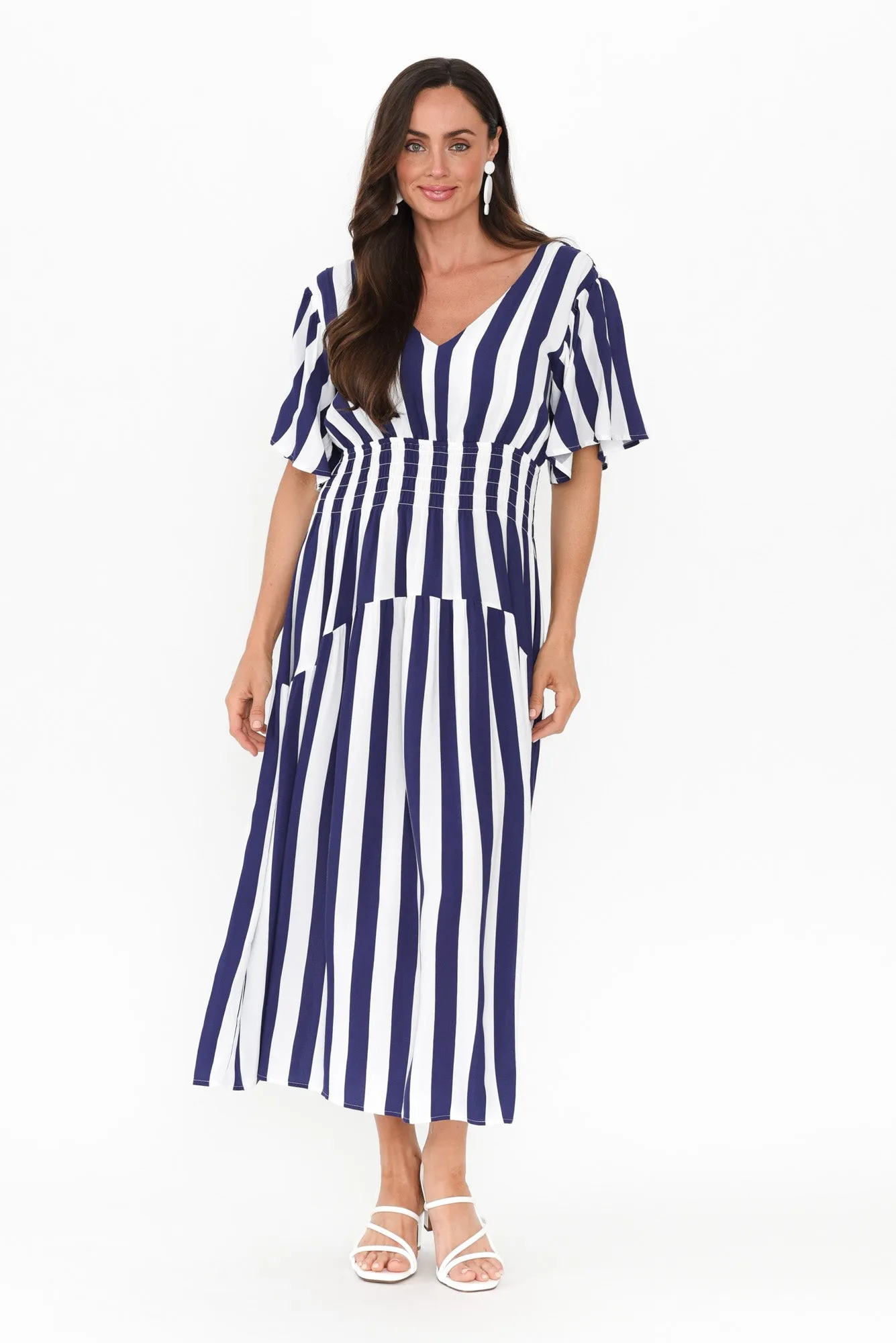 Louisa Blue Stripe Shirred Dress