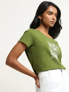 LOV Green Floral Print Cotton T-Shirt