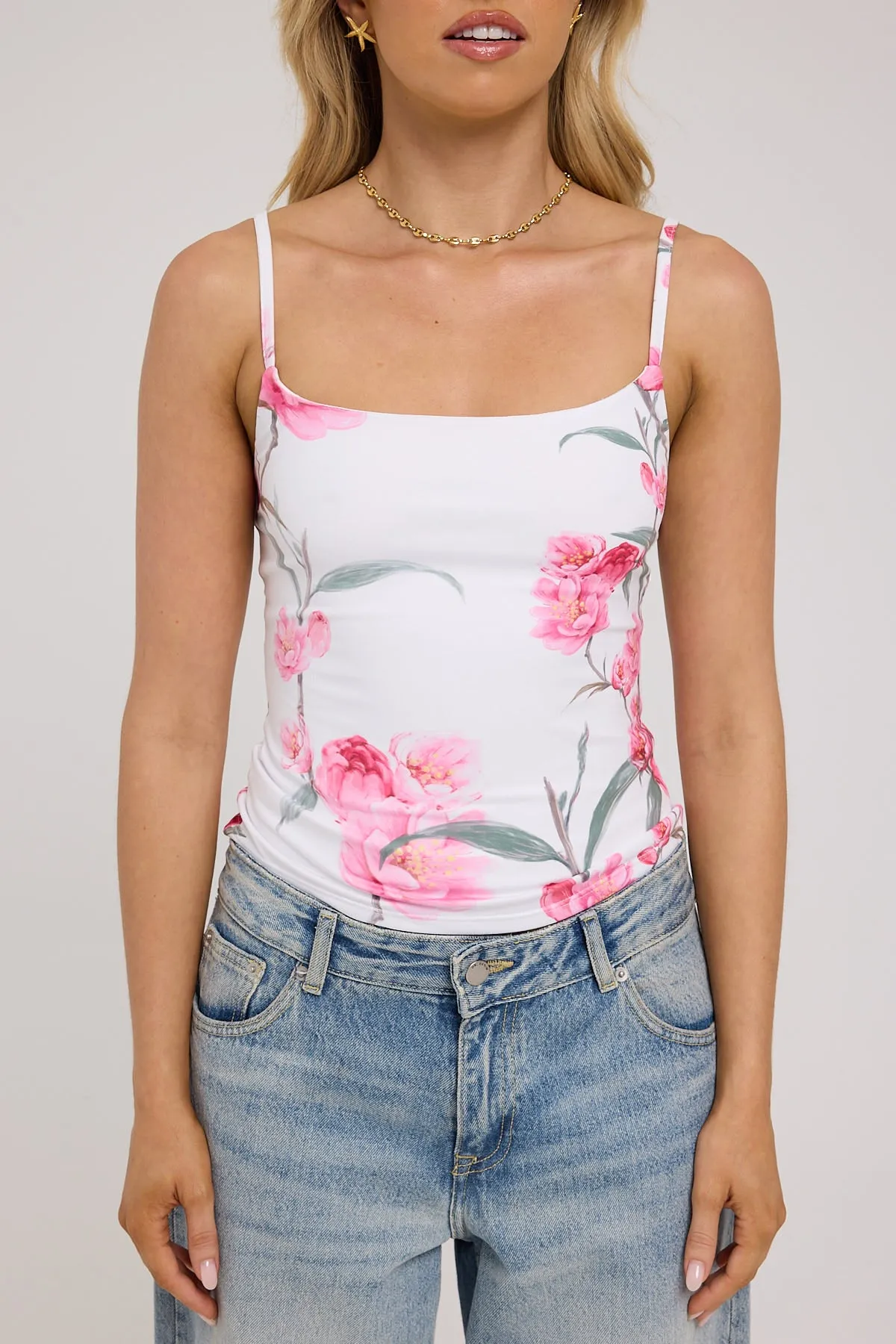 Luck & Trouble Peony Passion Cami Top White Print