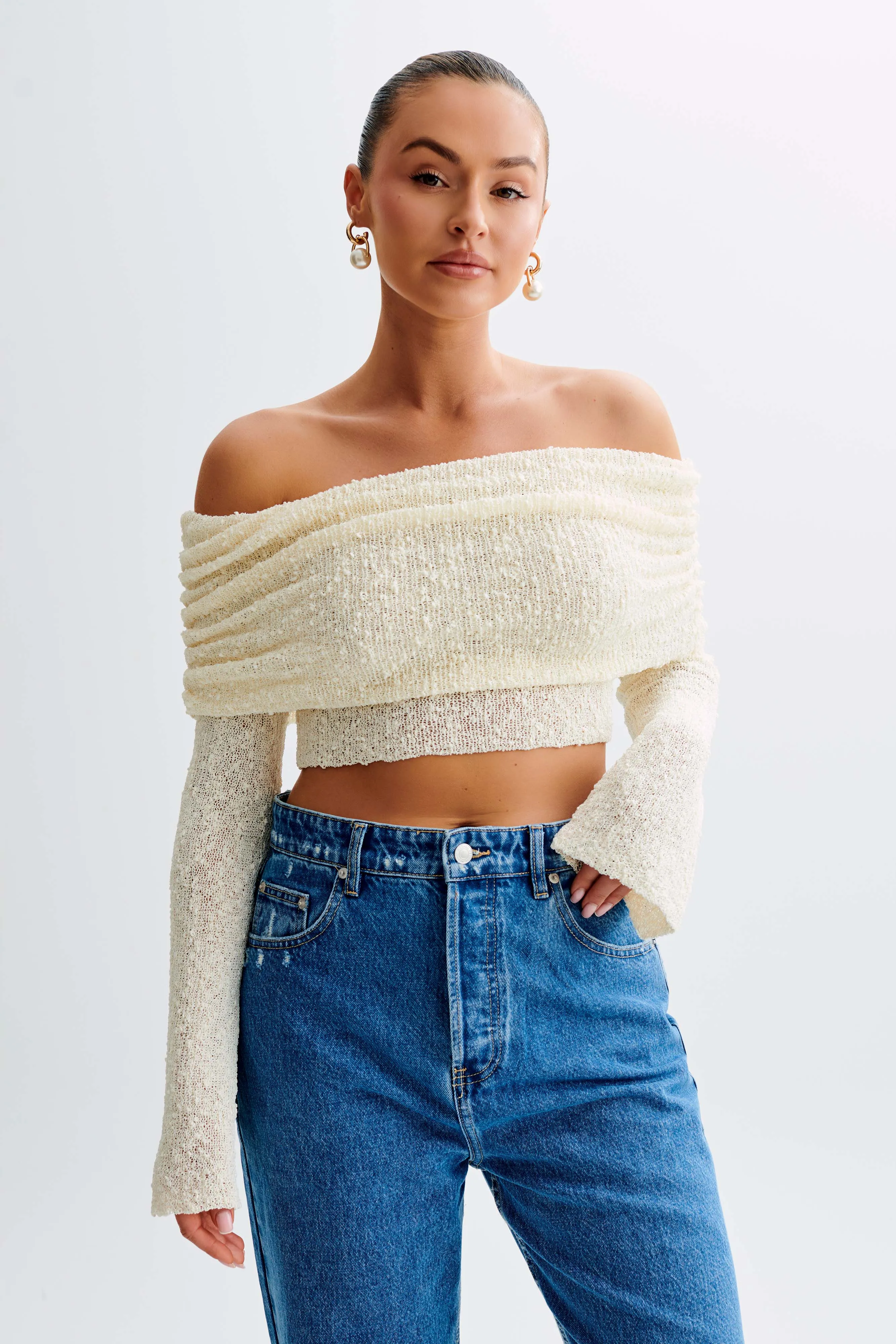 Marisol Off Shoulder Boucle Top - Ivory