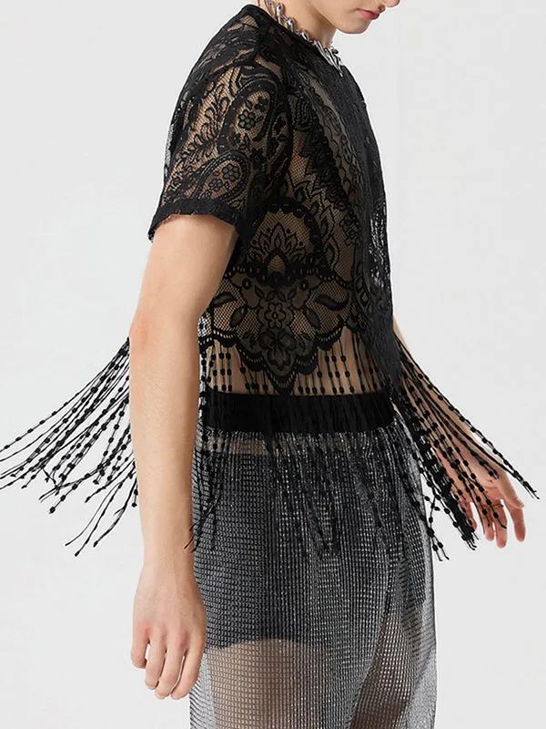 Mens Fringe Lace See Through Crop Top SKUK54943