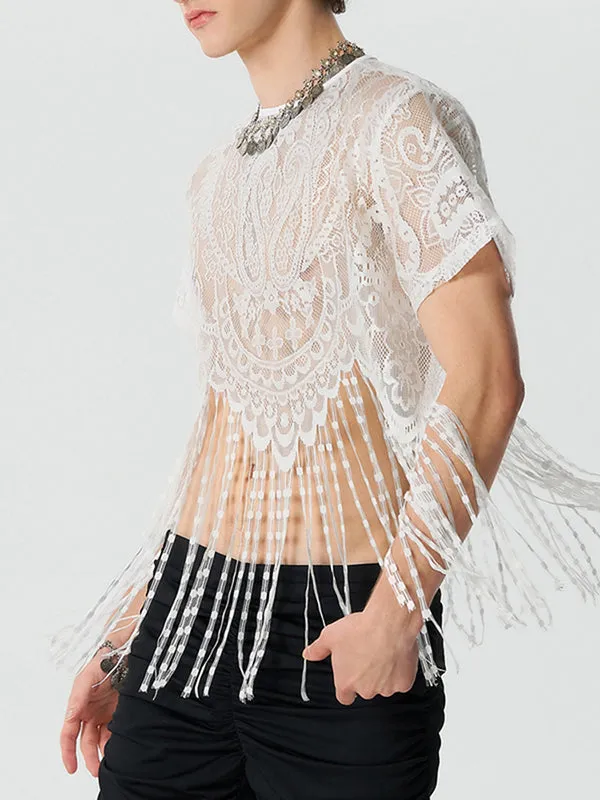 Mens Fringe Lace See Through Crop Top SKUK54943