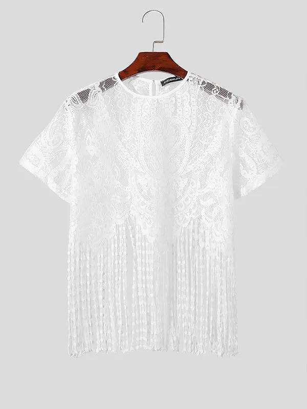 Mens Fringe Lace See Through Crop Top SKUK54943