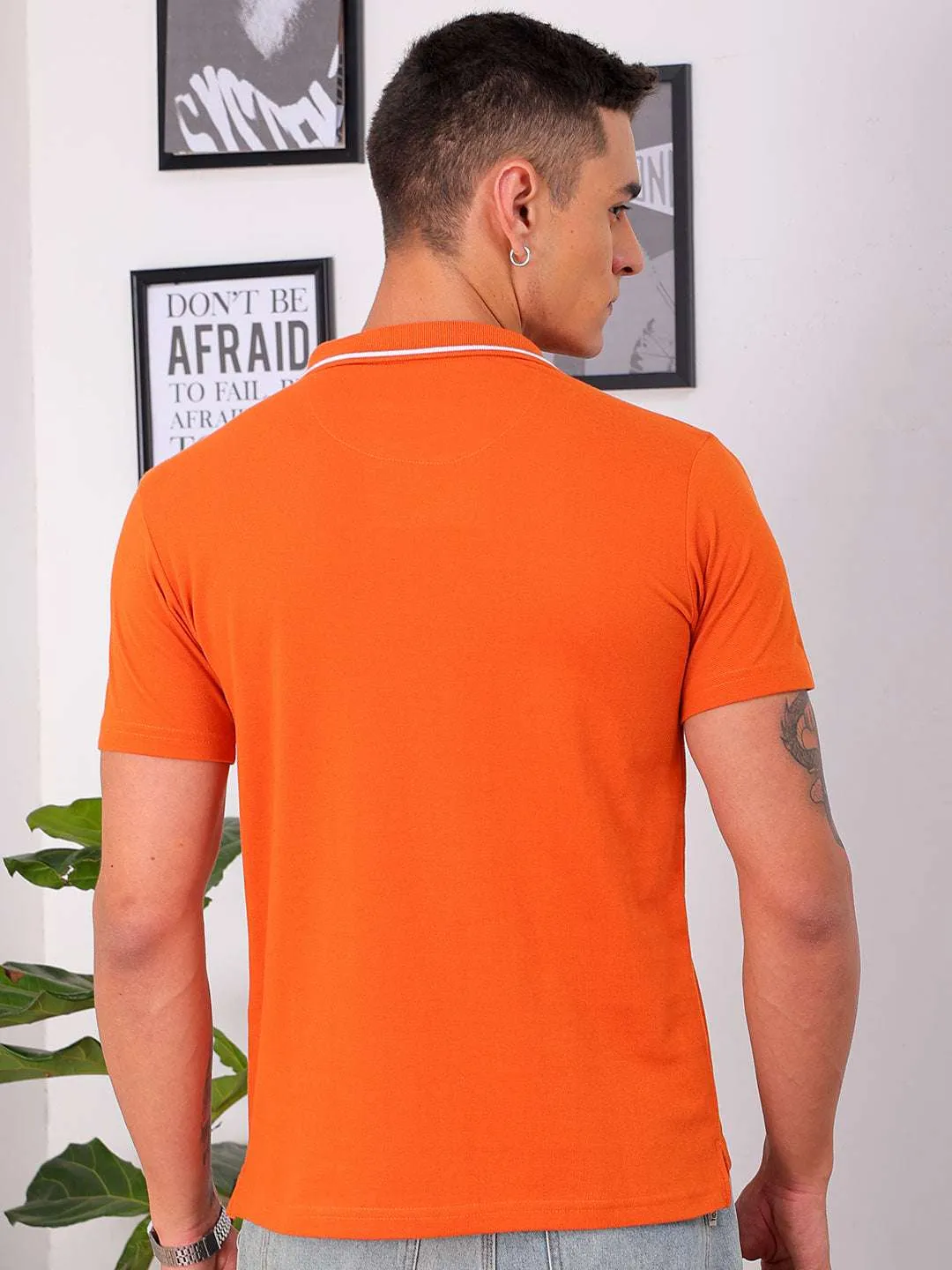 Men's Orange Regular Fit Solid Polo T-Shirt