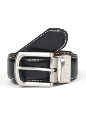 Men's Reversible Leather Belt with Brushed Silver Buckle and Contrast Stitching