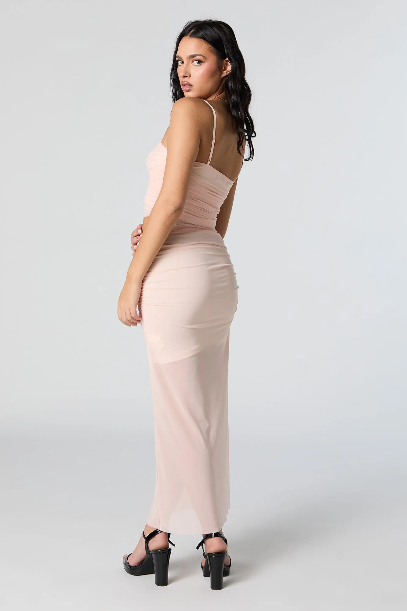 Mesh Ruched Slit Maxi Skirt