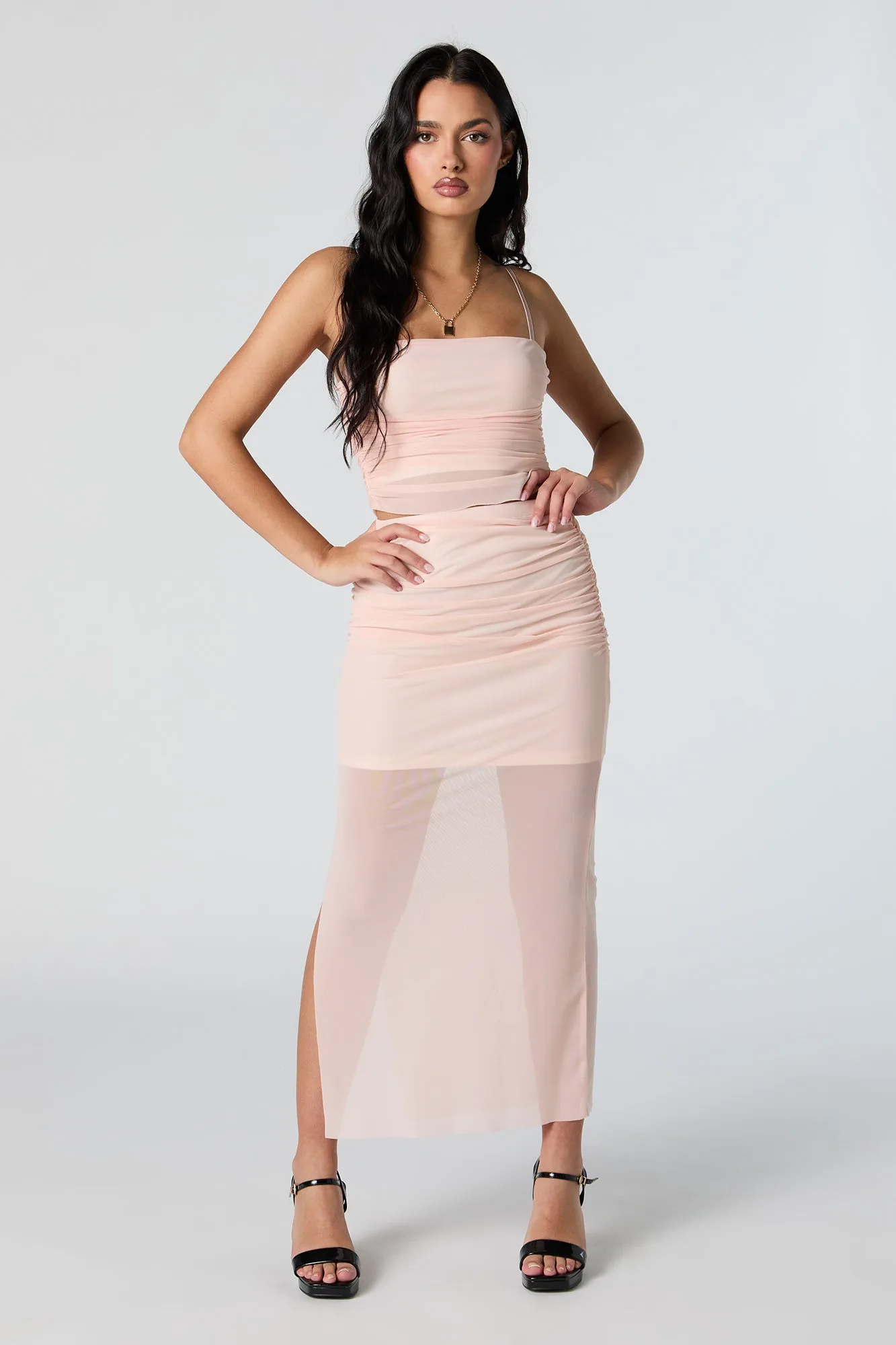 Mesh Ruched Slit Maxi Skirt