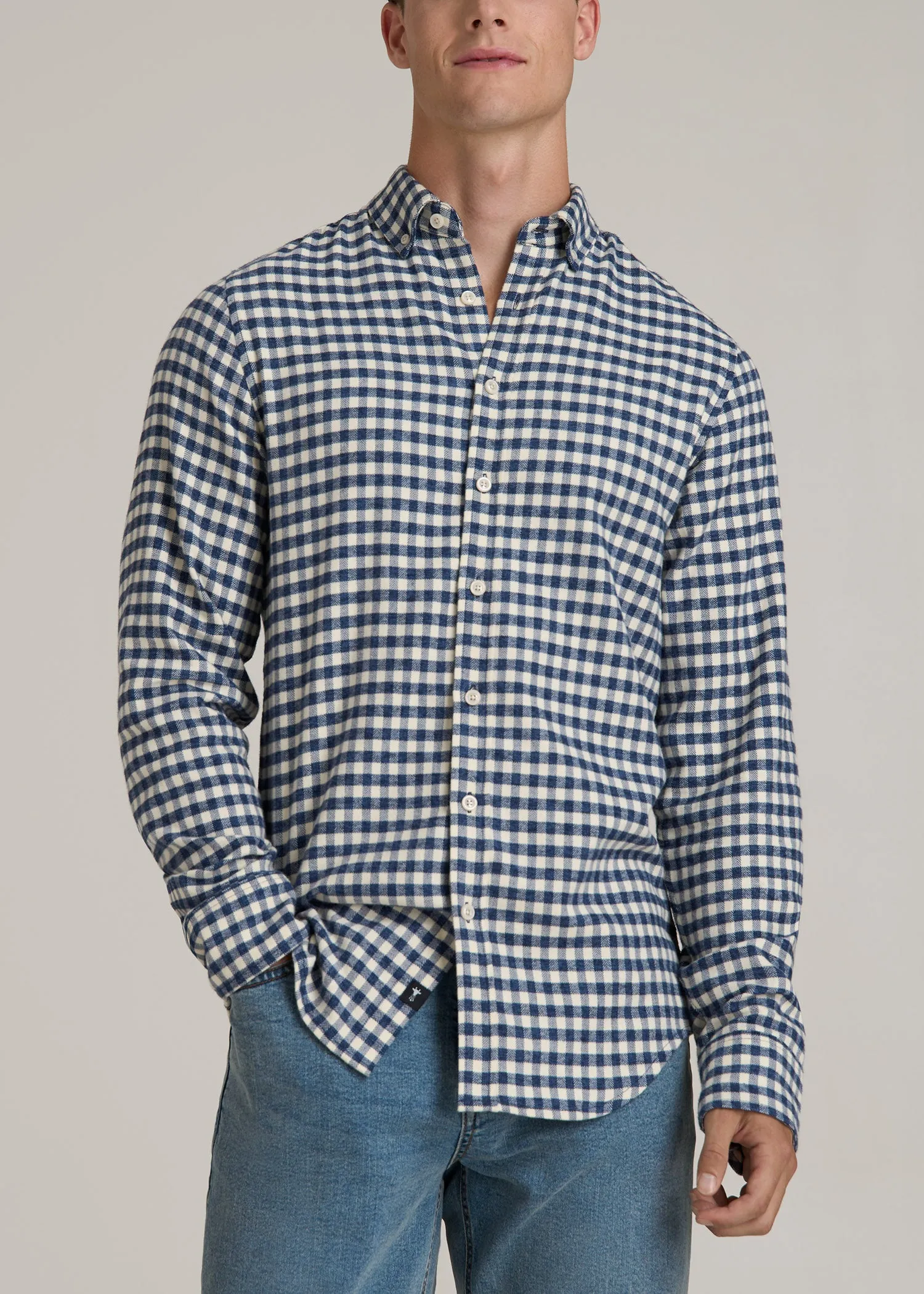 Midweight Brushed Flannel Button Shirt for Tall Men in Blue and Ecru Gingham