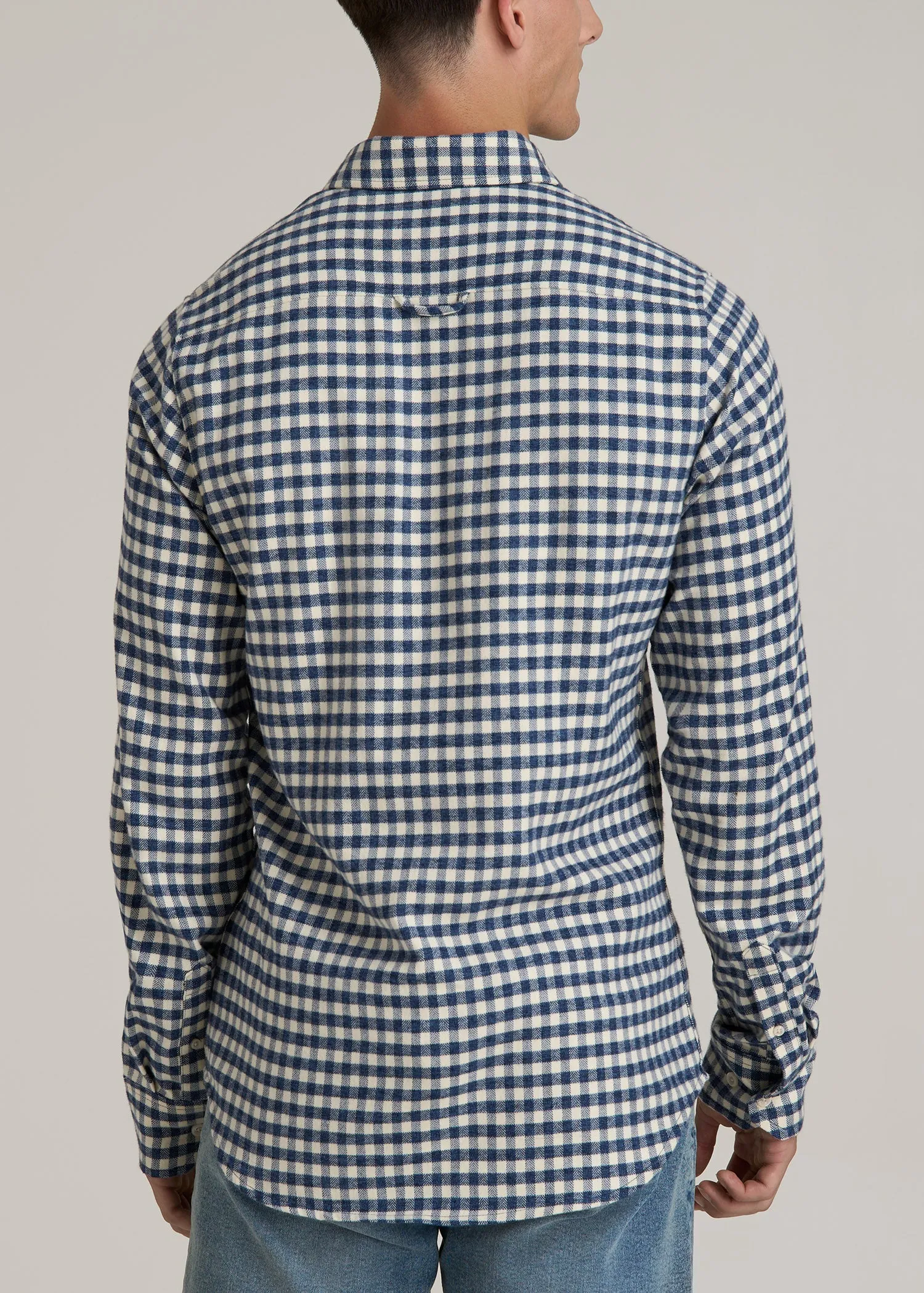 Midweight Brushed Flannel Button Shirt for Tall Men in Blue and Ecru Gingham