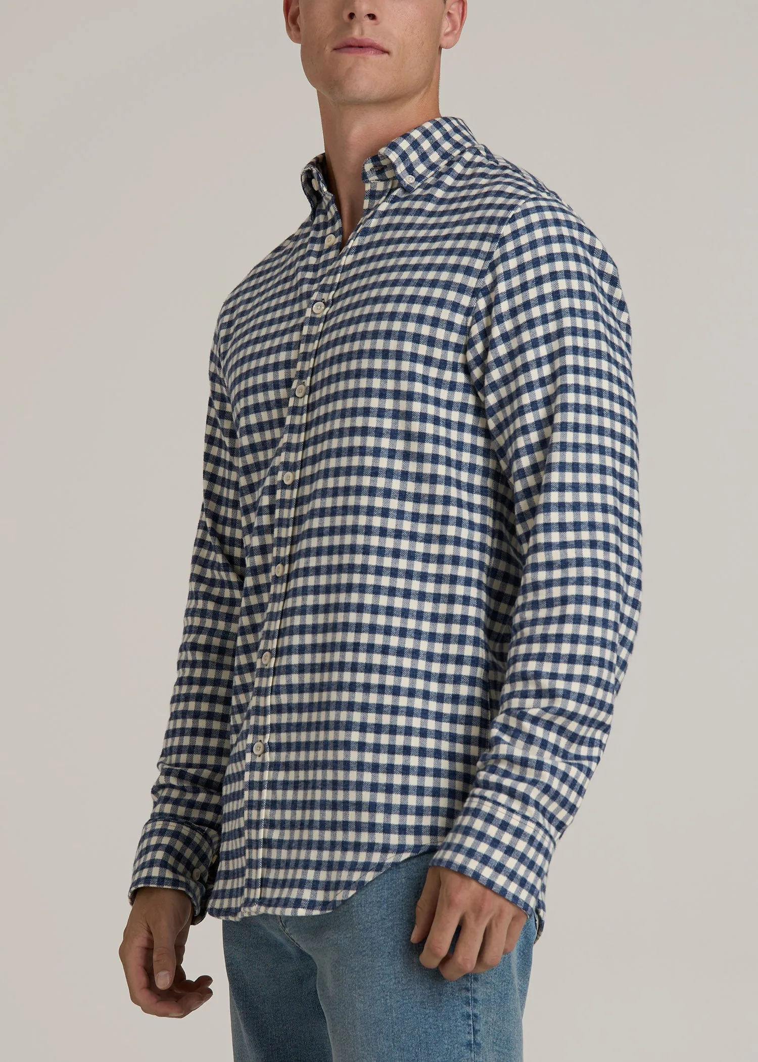 Midweight Brushed Flannel Button Shirt for Tall Men in Blue and Ecru Gingham