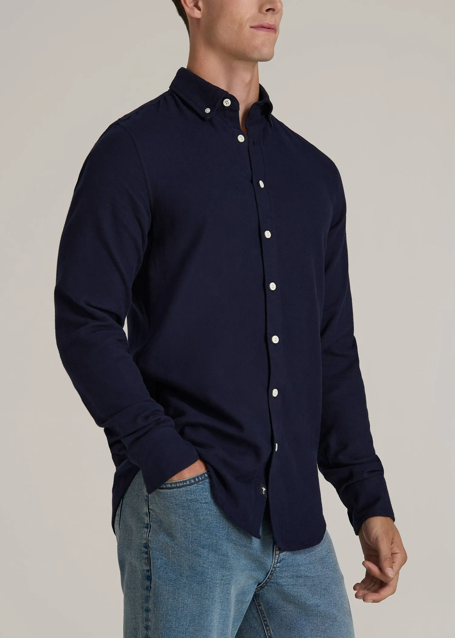 Midweight Brushed Flannel Button Shirt for Tall Men in Evening Blue