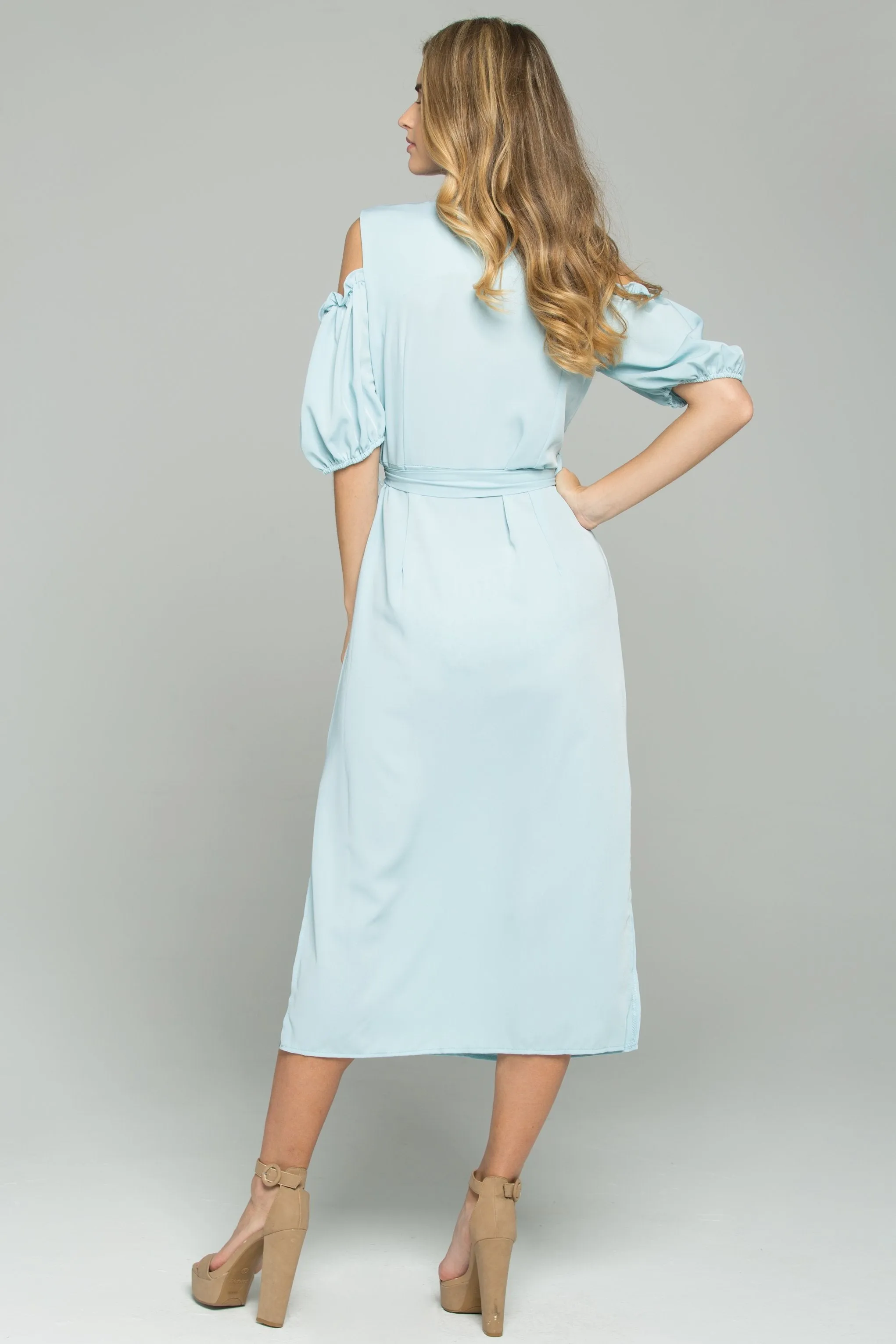 Mint Green Cotton V-Neck Cold Shoulder Cinched Midi Dress