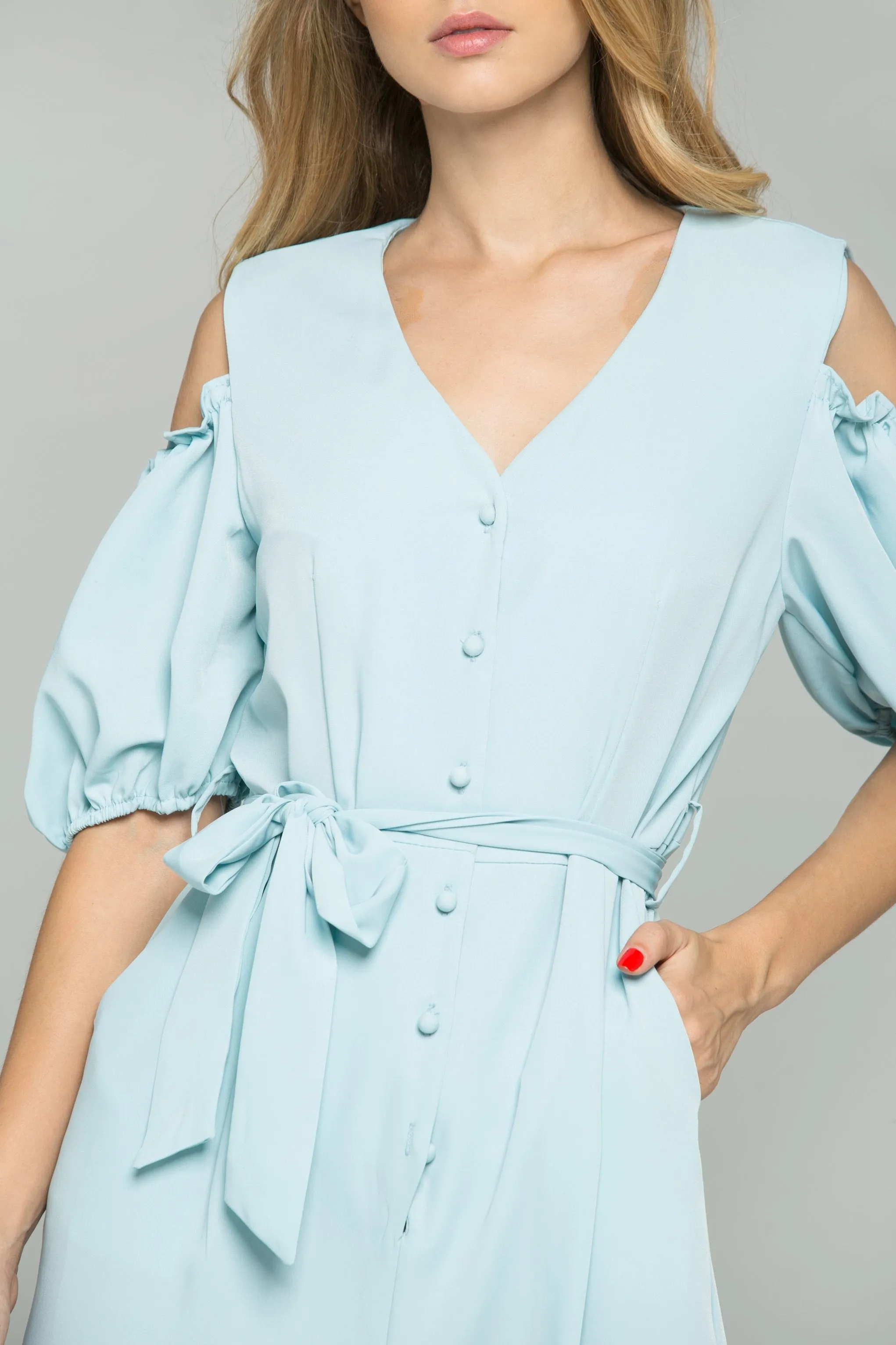 Mint Green Cotton V-Neck Cold Shoulder Cinched Midi Dress