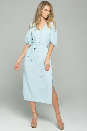 Mint Green Cotton V-Neck Cold Shoulder Cinched Midi Dress