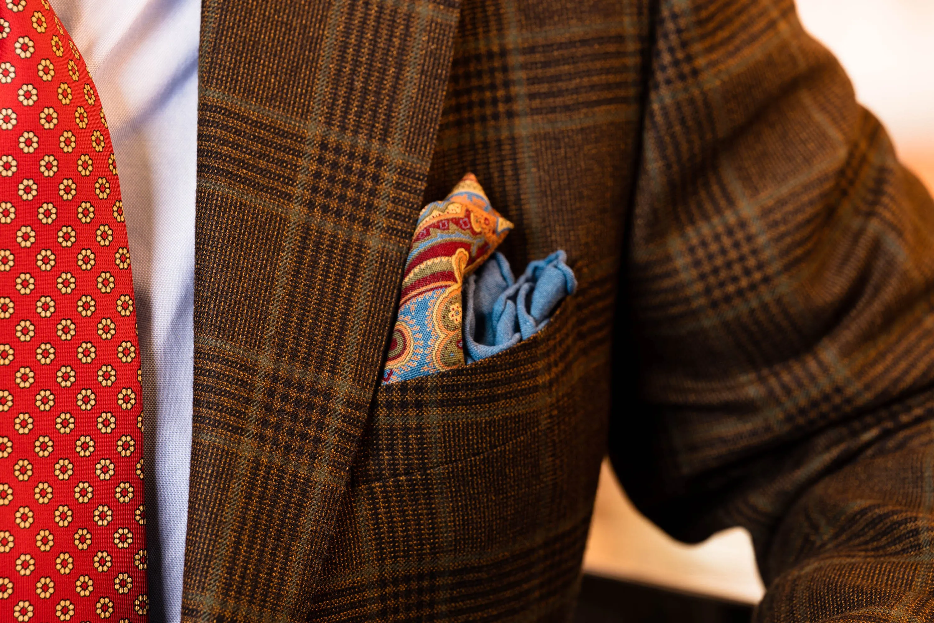 Mohair Blue Medallion Silk Wool Pocket Square