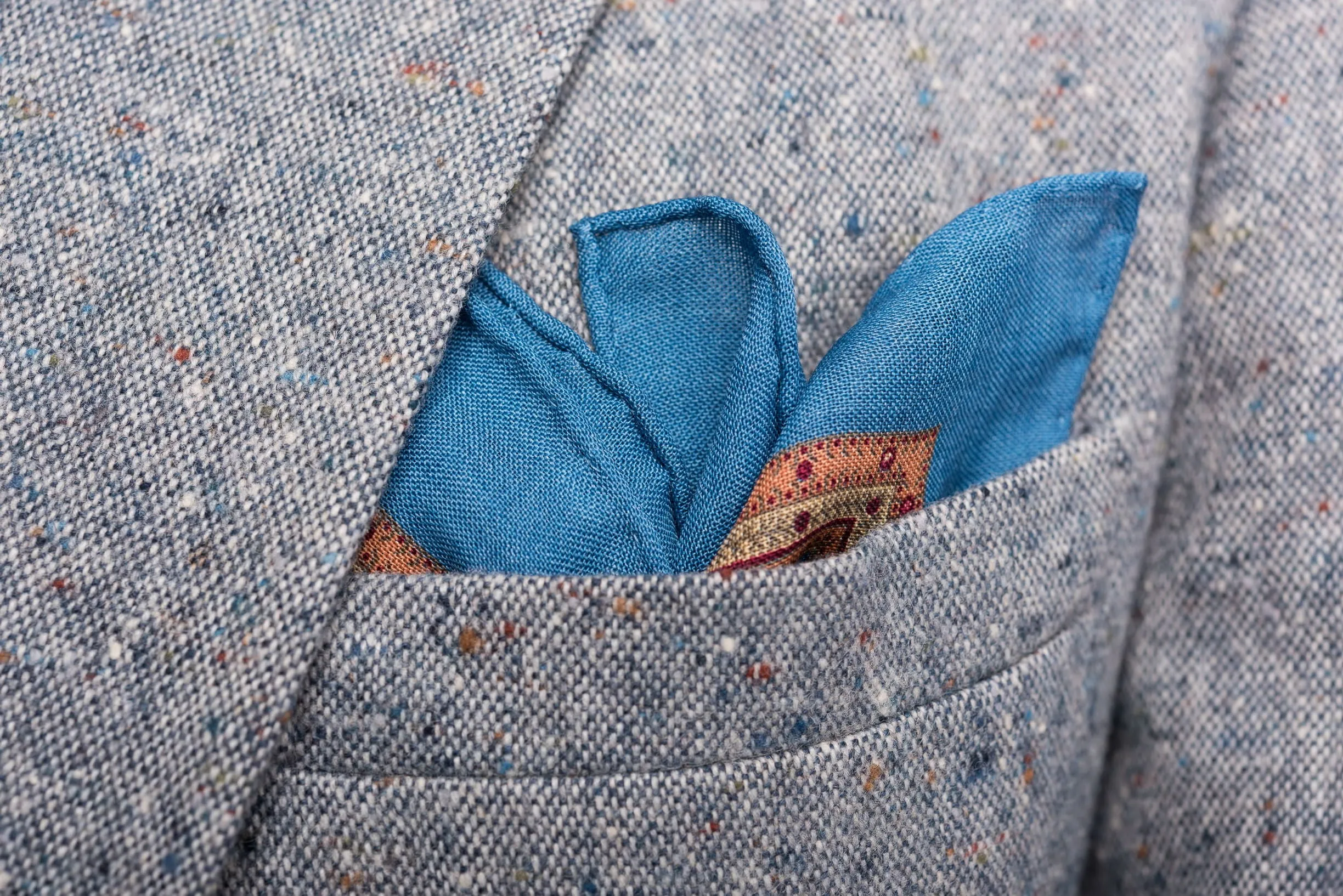 Mohair Blue Medallion Silk Wool Pocket Square