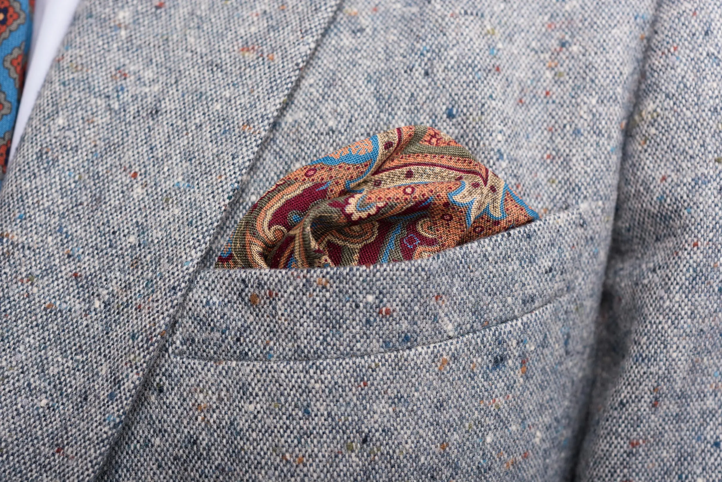 Mohair Blue Medallion Silk Wool Pocket Square