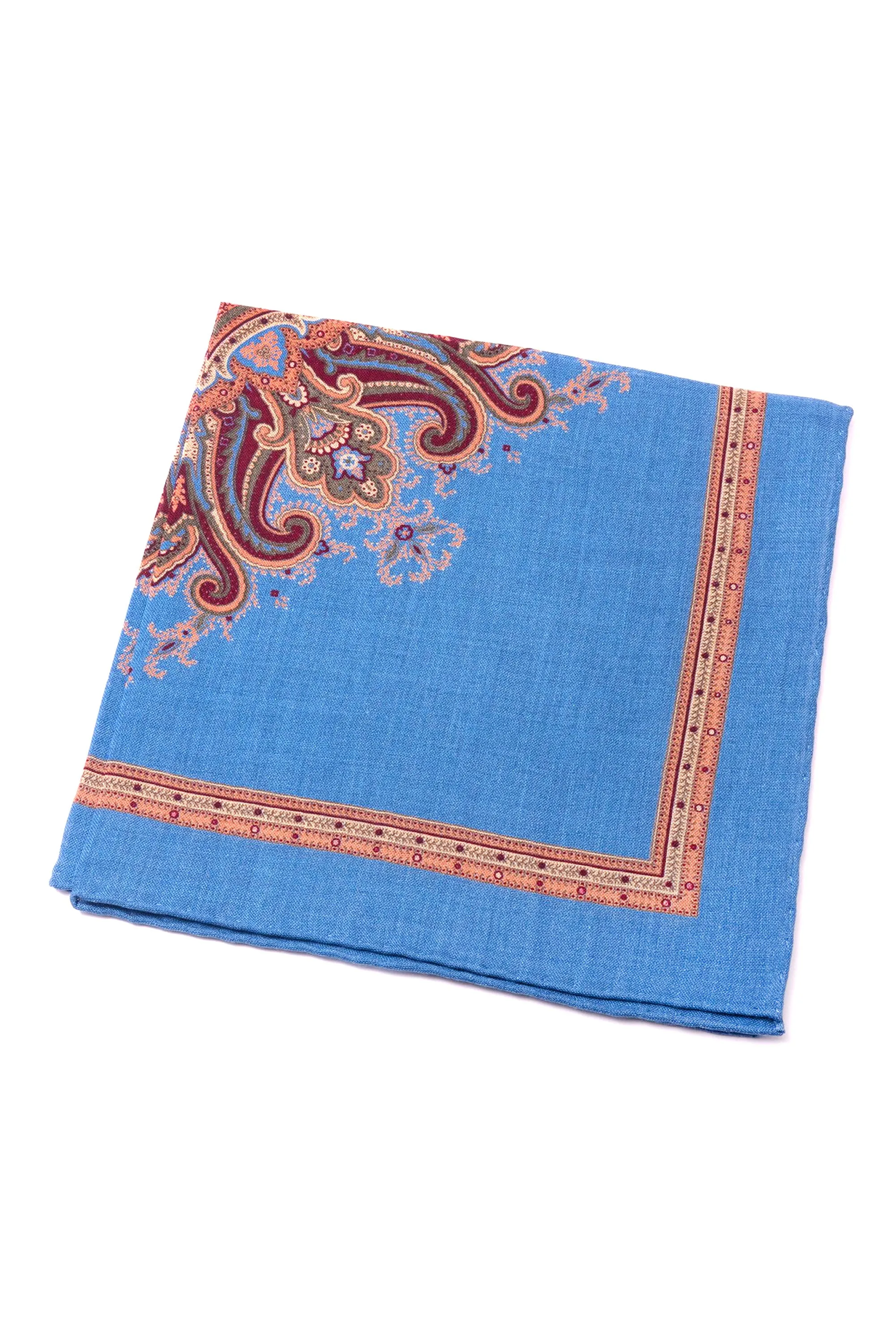 Mohair Blue Medallion Silk Wool Pocket Square