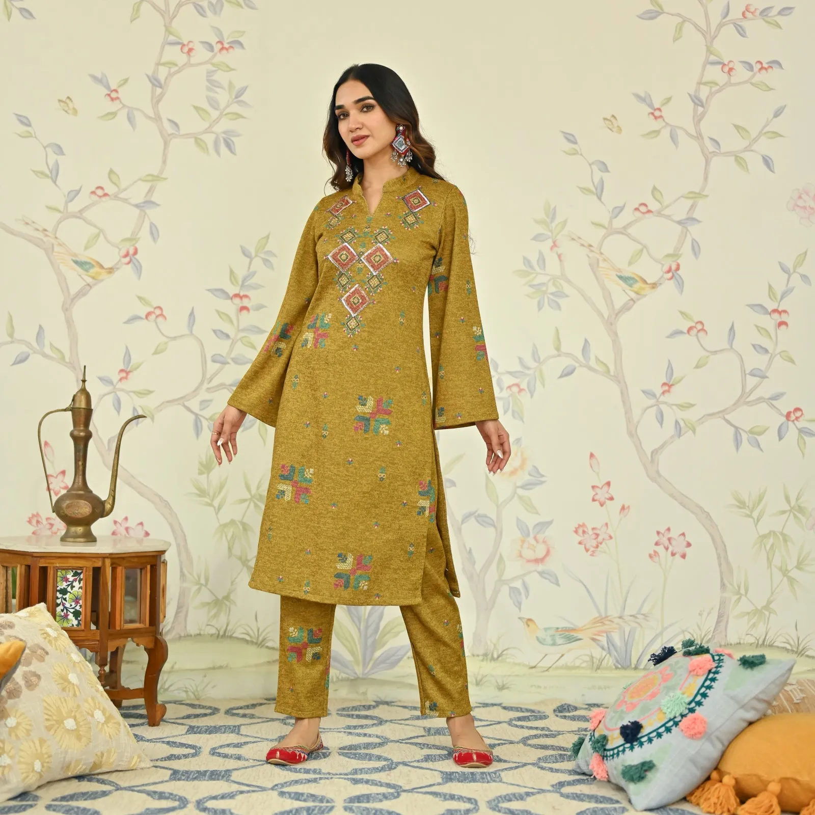 Mustard Phulkari Printed Woollen Kurta with Sequins Work