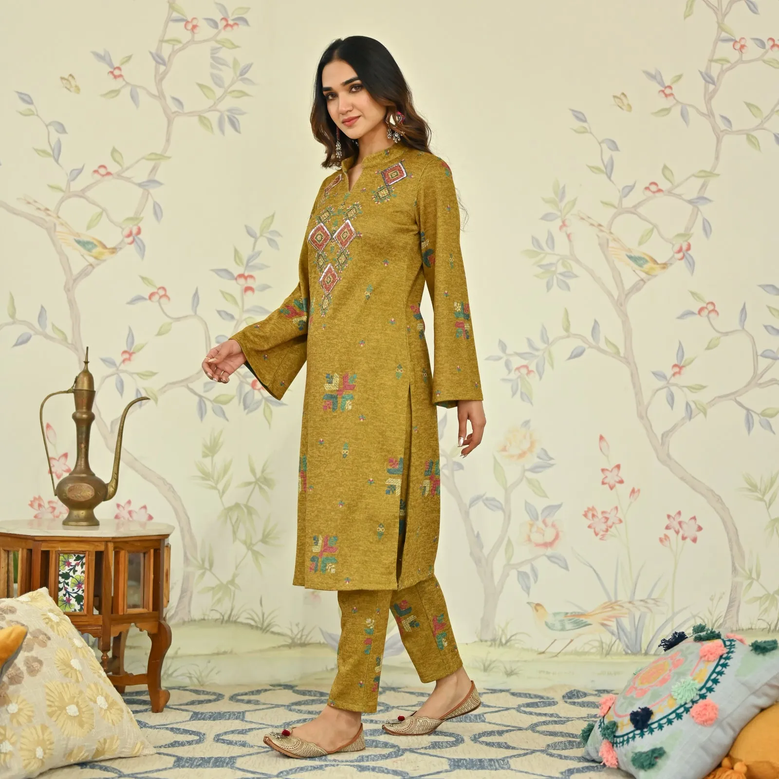 Mustard Phulkari Printed Woollen Kurta with Sequins Work