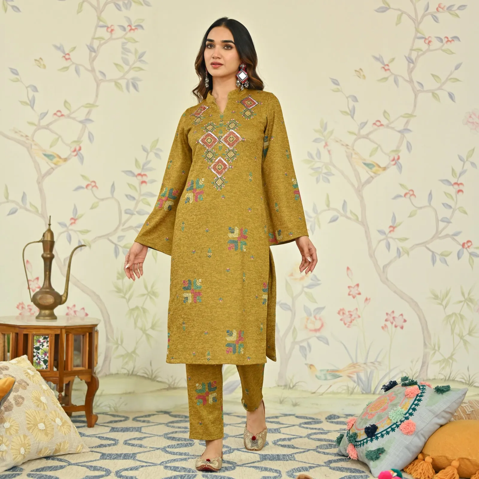 Mustard Phulkari Printed Woollen Kurta with Sequins Work