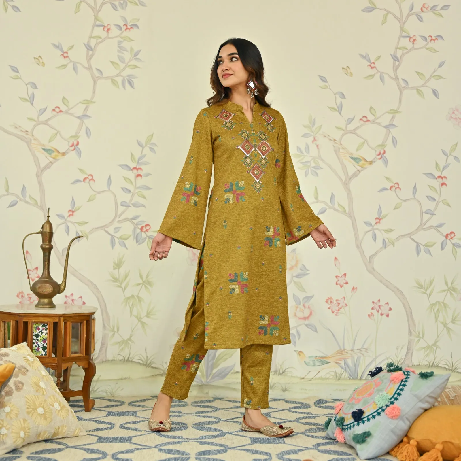 Mustard Phulkari Printed Woollen Kurta with Sequins Work