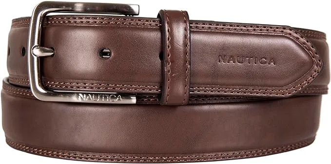 Nautica Men's Bold Fashion and Dress Double Stitch Leather Belt with Metal Buckle